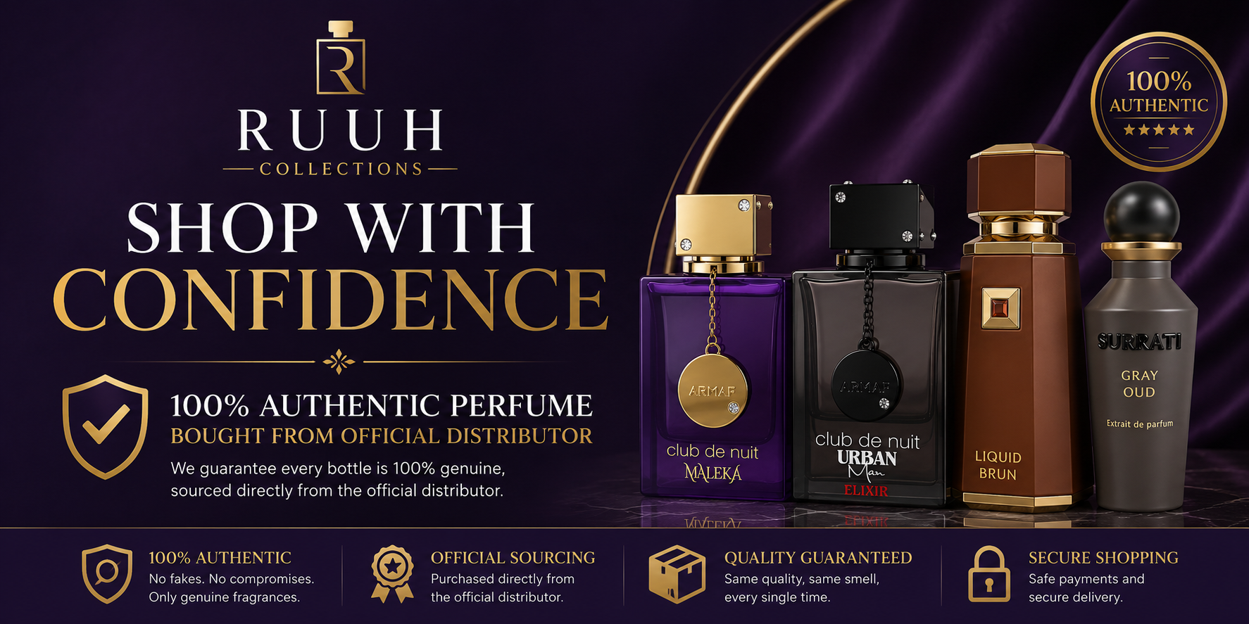 Promotional banner for Ruuh Collections perfume, featuring four perfume bottles in purple, black, brown, and gray on a dark purple background with gold text and trust badges.