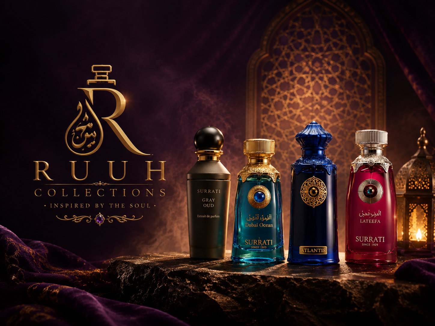 Four luxury perfume bottles from Rooth Collections are lined up on a dark stone pedestal against a luxurious purple background with an ornate arch and a lantern. The bottles are in black, teal, royal blue, and deep red glass with gold and silver detailing.