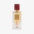 Perfume bottle with red cap and gold accents on a white background