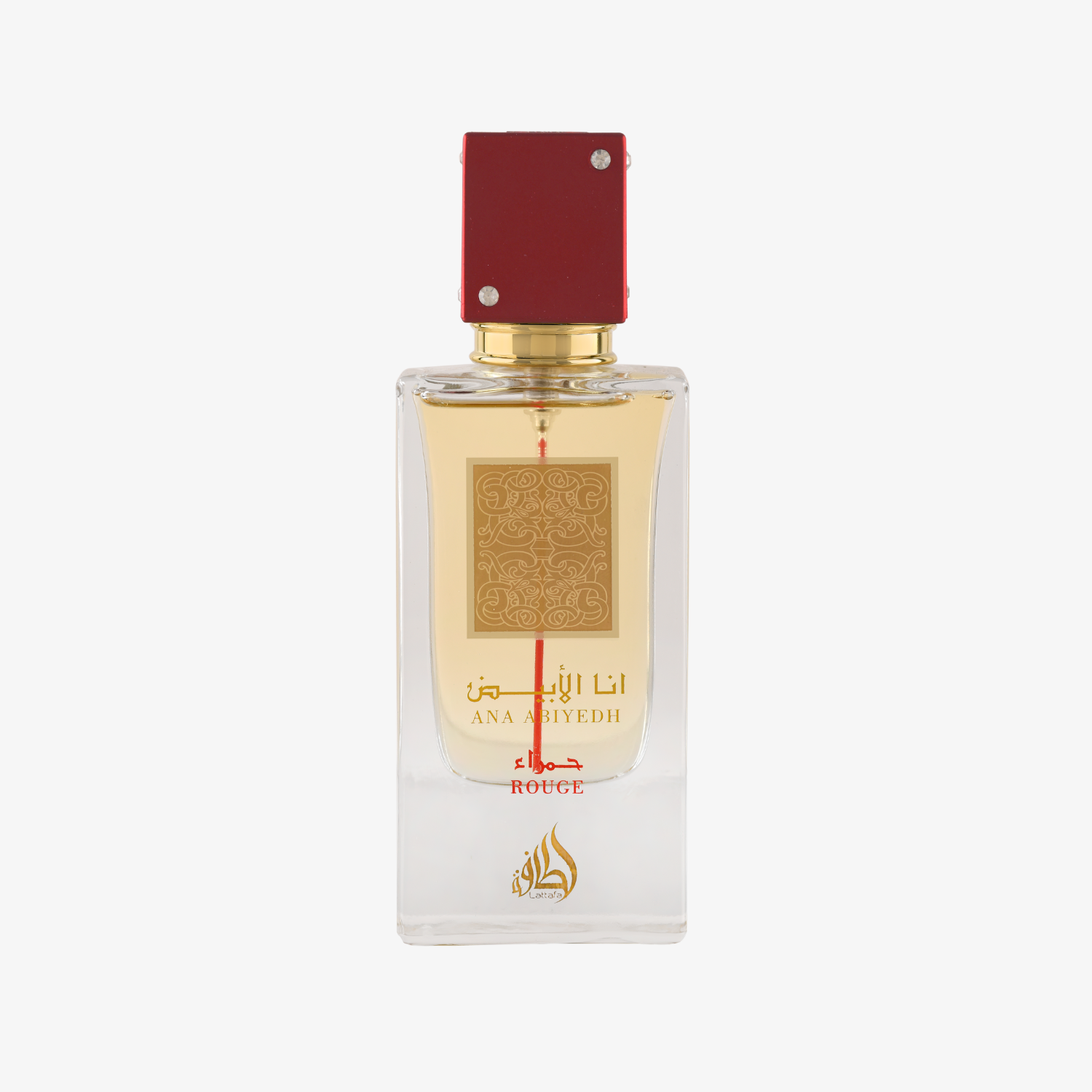 Perfume bottle with red cap and gold accents on a white background