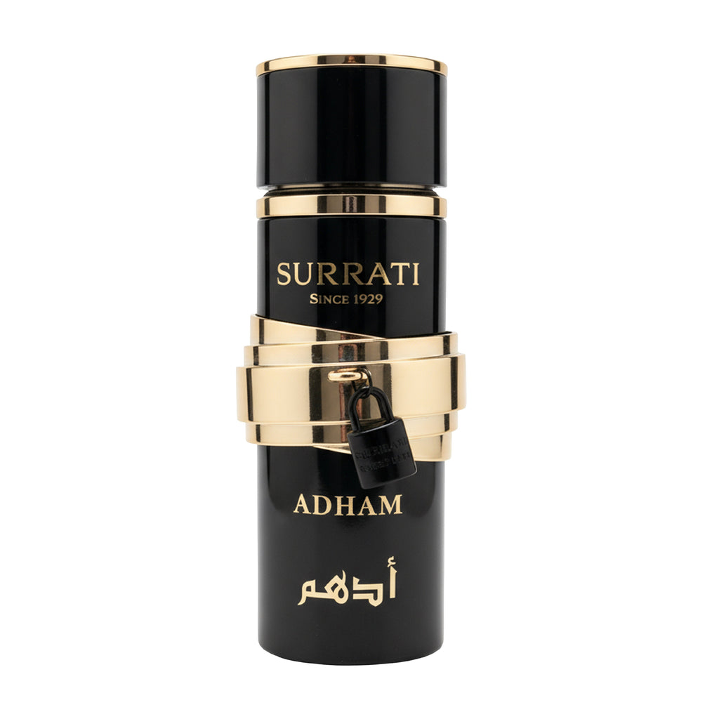 Black and gold Surrati Adham perfume bottle on a white background