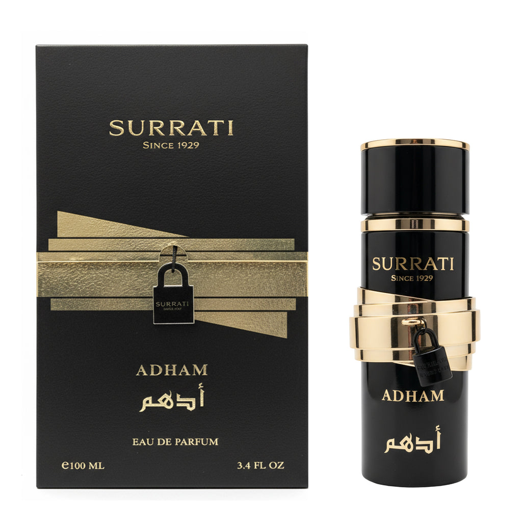 Surrati Adham Eau de Parfum bottle and its black presentation box with gold lettering and a gold ribbon graphic, shown on a white background.