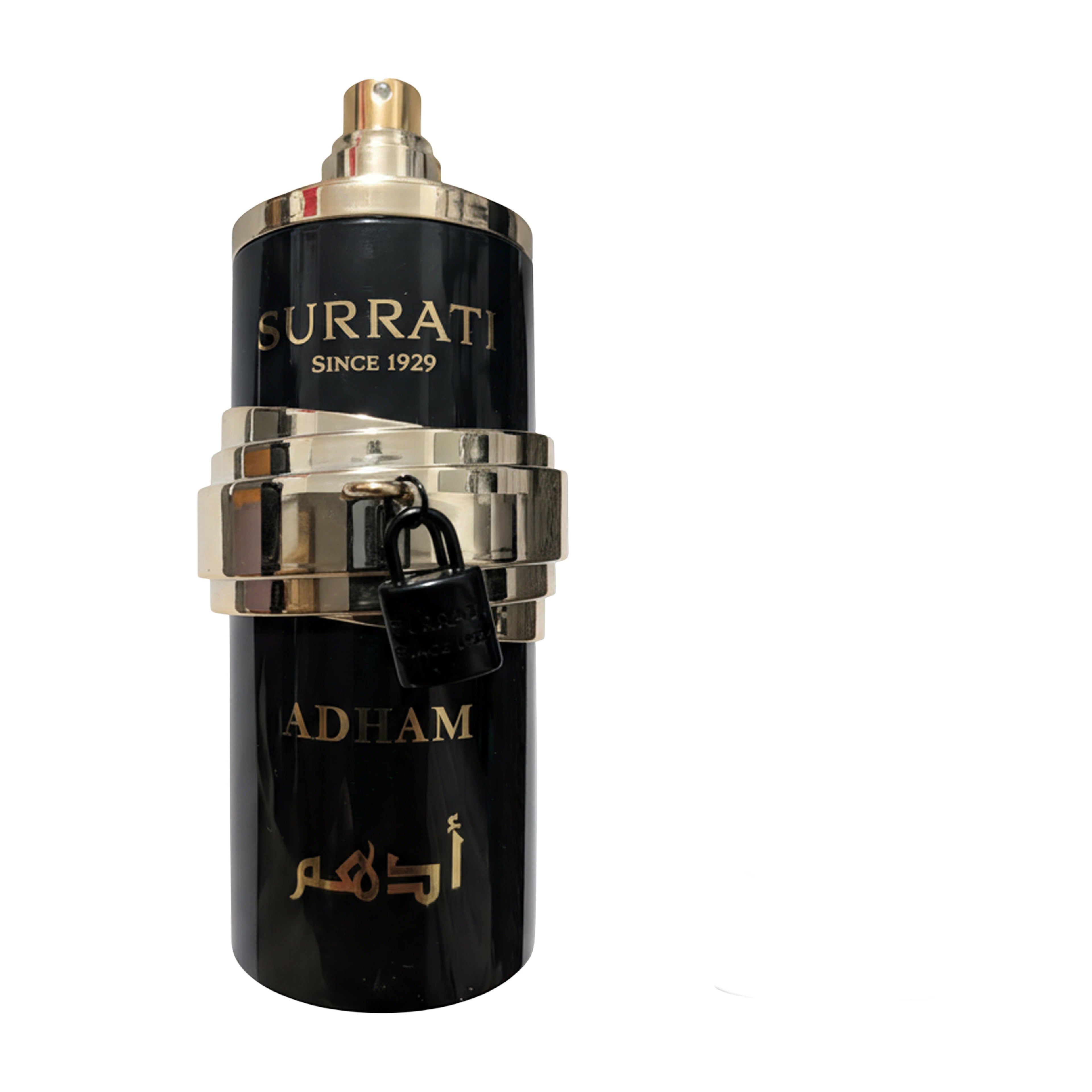 A black cylindrical perfume bottle with gold lettering reading 'Surrati Since 1929' and 'Adham', featuring a shiny gold cap, a metallic gold band with a small black lock, and gold Arabic script near the bottom, shown on a plain white background.