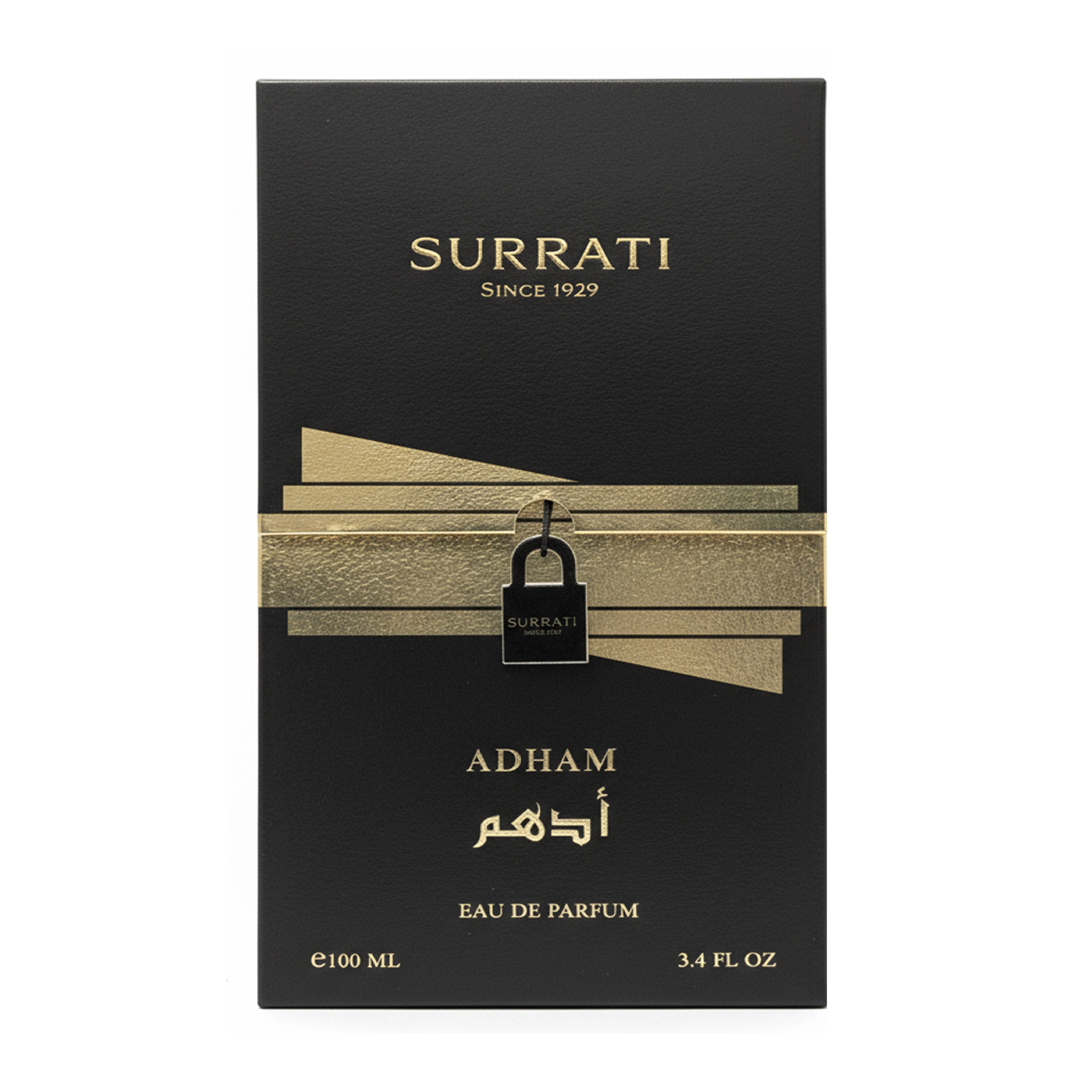 Surrati Adham Eau de Parfum box, 100 ml (3.4 fl oz), featuring a black background with gold lettering and a gold ribbon graphic with a small black padlock.