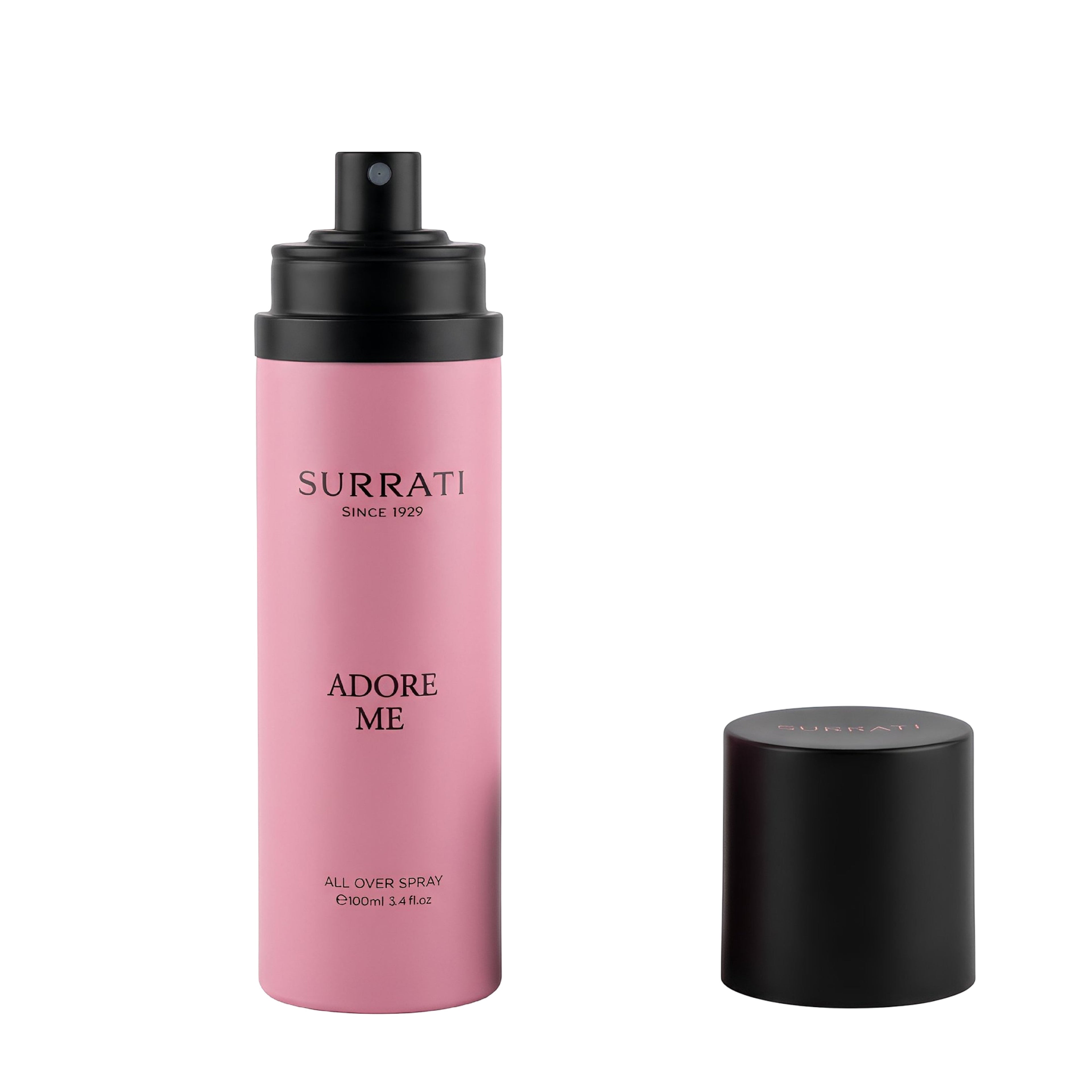 Surrati Adore Me All Over Spray in a pink cylindrical bottle with a black spray top, shown next to its detached black cap on a white background.