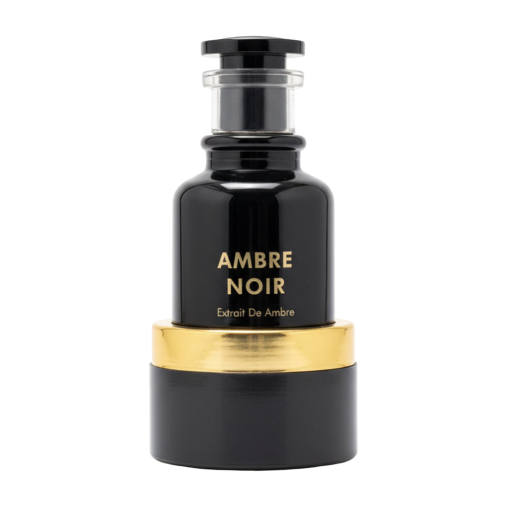 Black and gold perfume bottle labeled 'Ambre Noir' on a white background