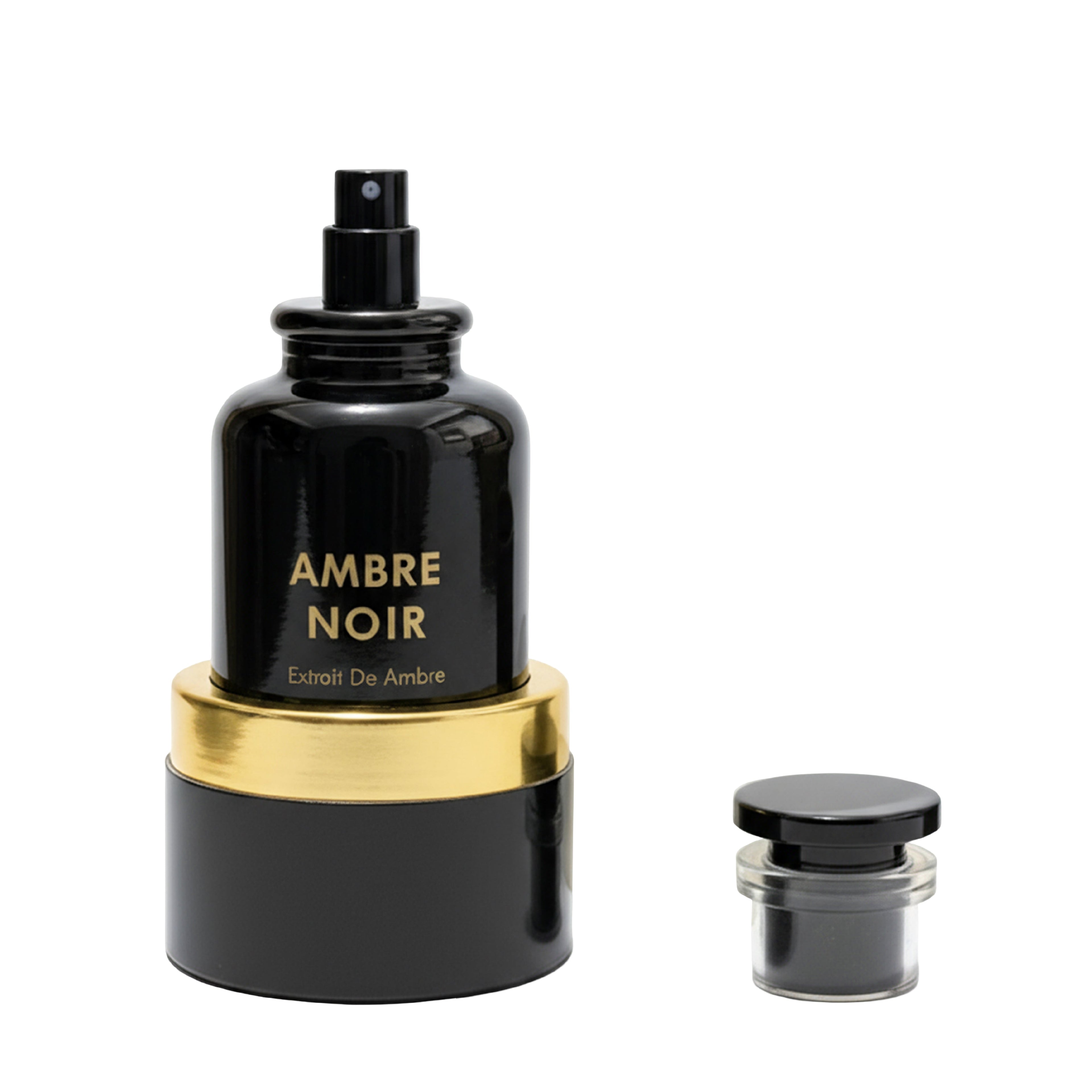 Black and gold perfume bottle labeled 'Ambre Noir' on a white background