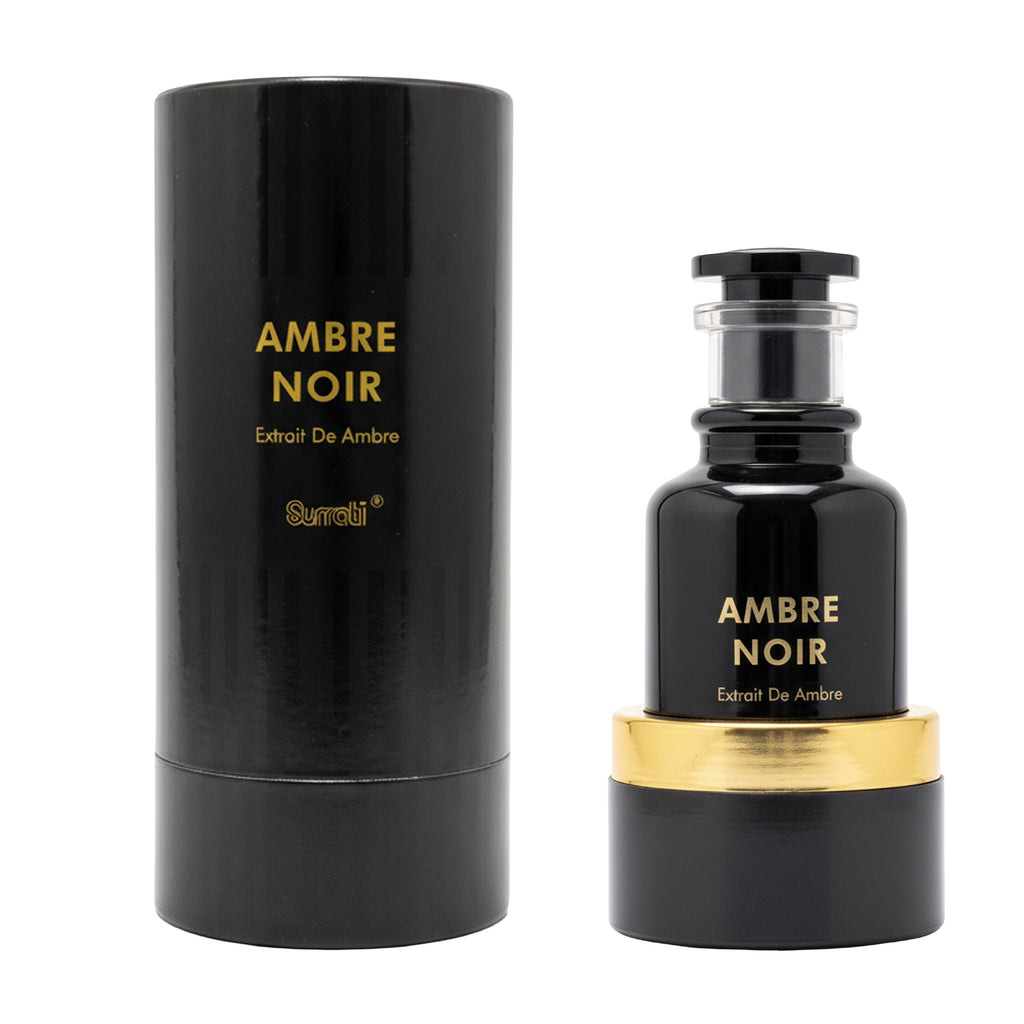 Black 'Ambre Noir' perfume bottle with gold text on a white background