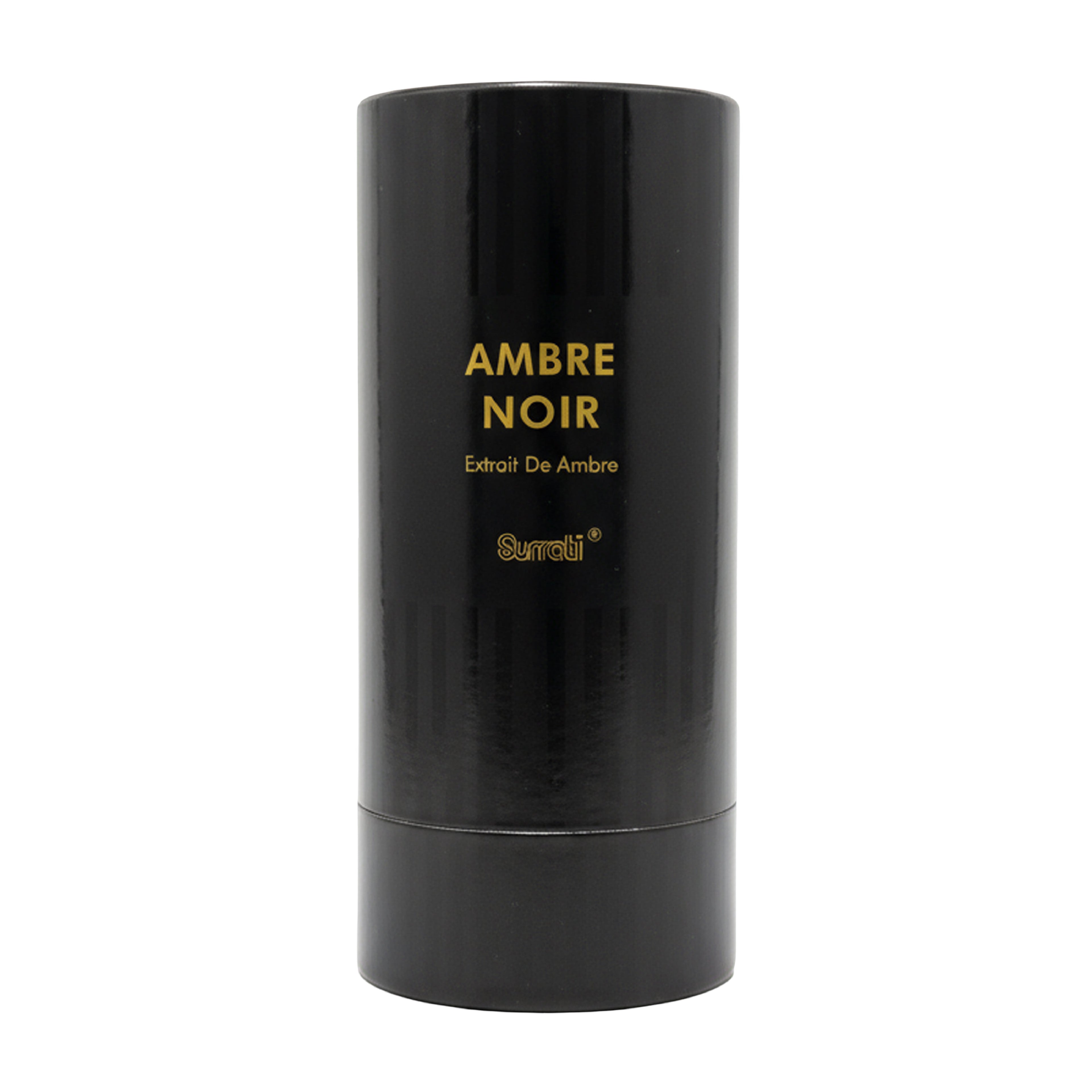 Black cylindrical container with 'Ambre Noir' text on a white background