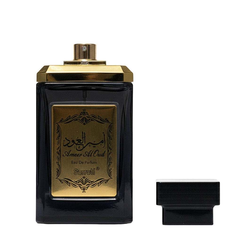 Black and gold perfume bottle with 'Ameer Al Oud' branding on a white background