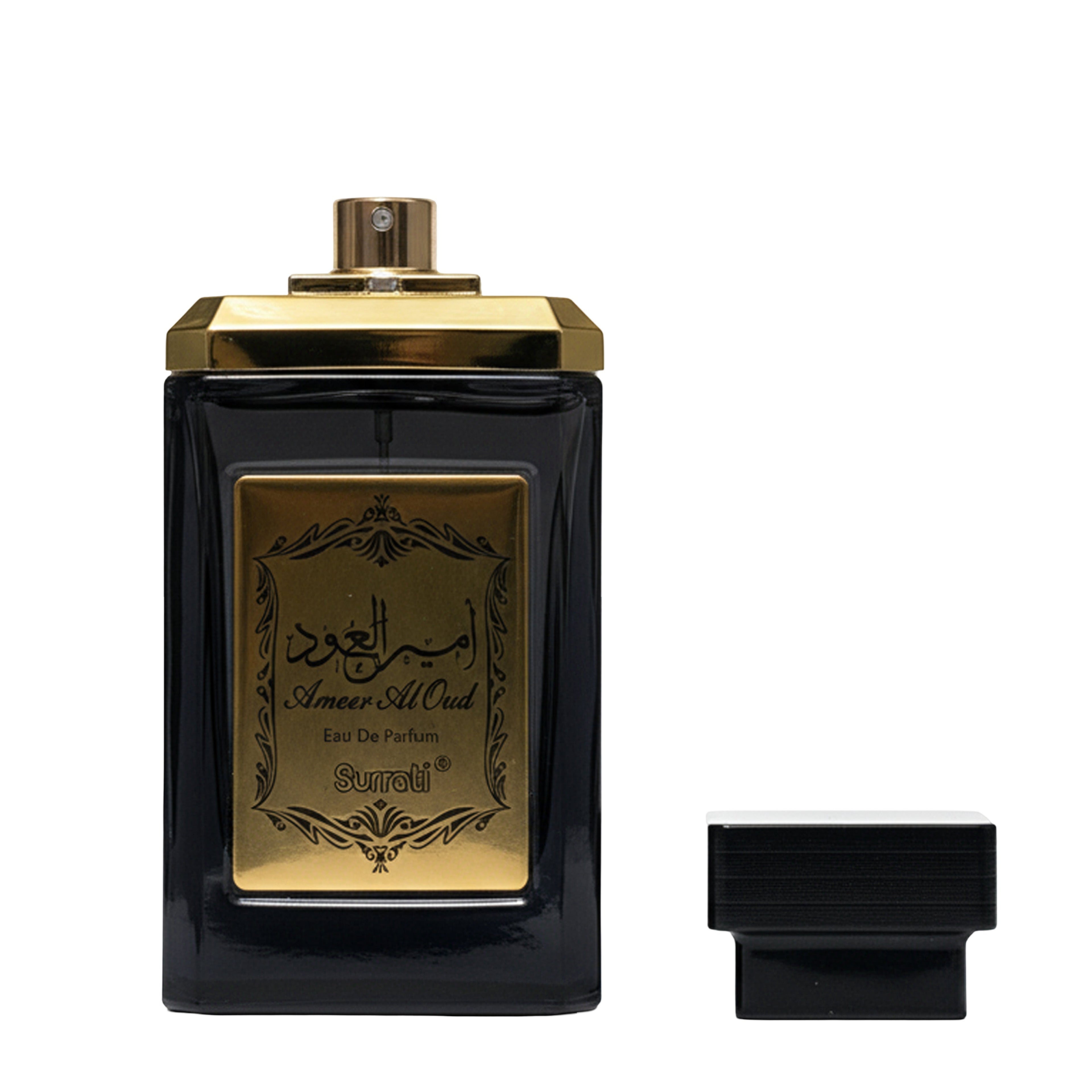 Black and gold perfume bottle with 'Ameer Al Oud' branding on a white background