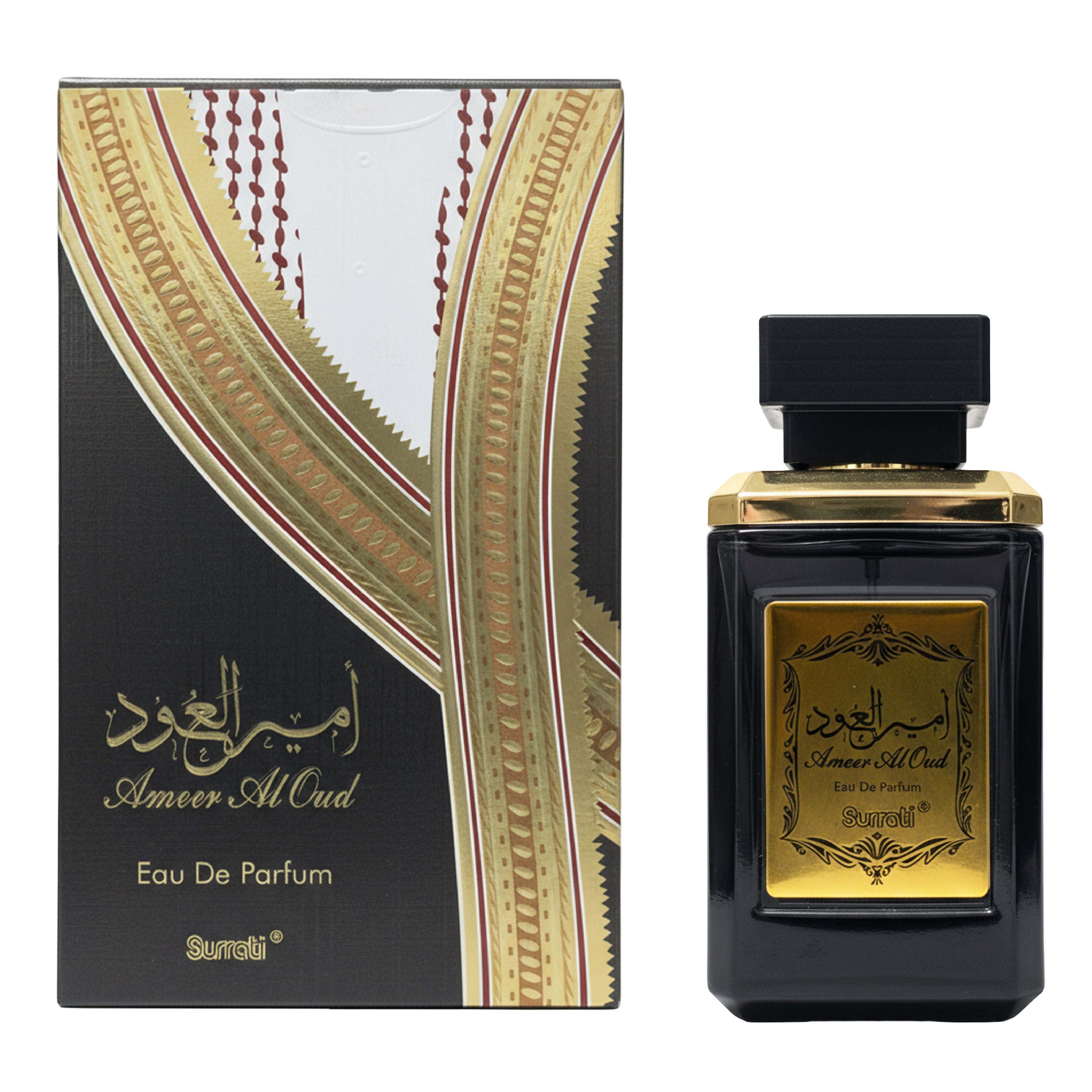 Ameer Al Oud Eau De Parfum bottle and packaging on a white background