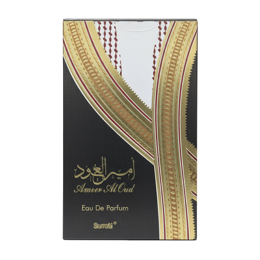 Ameer Al Oud perfume packaging with intricate design and text on a white background