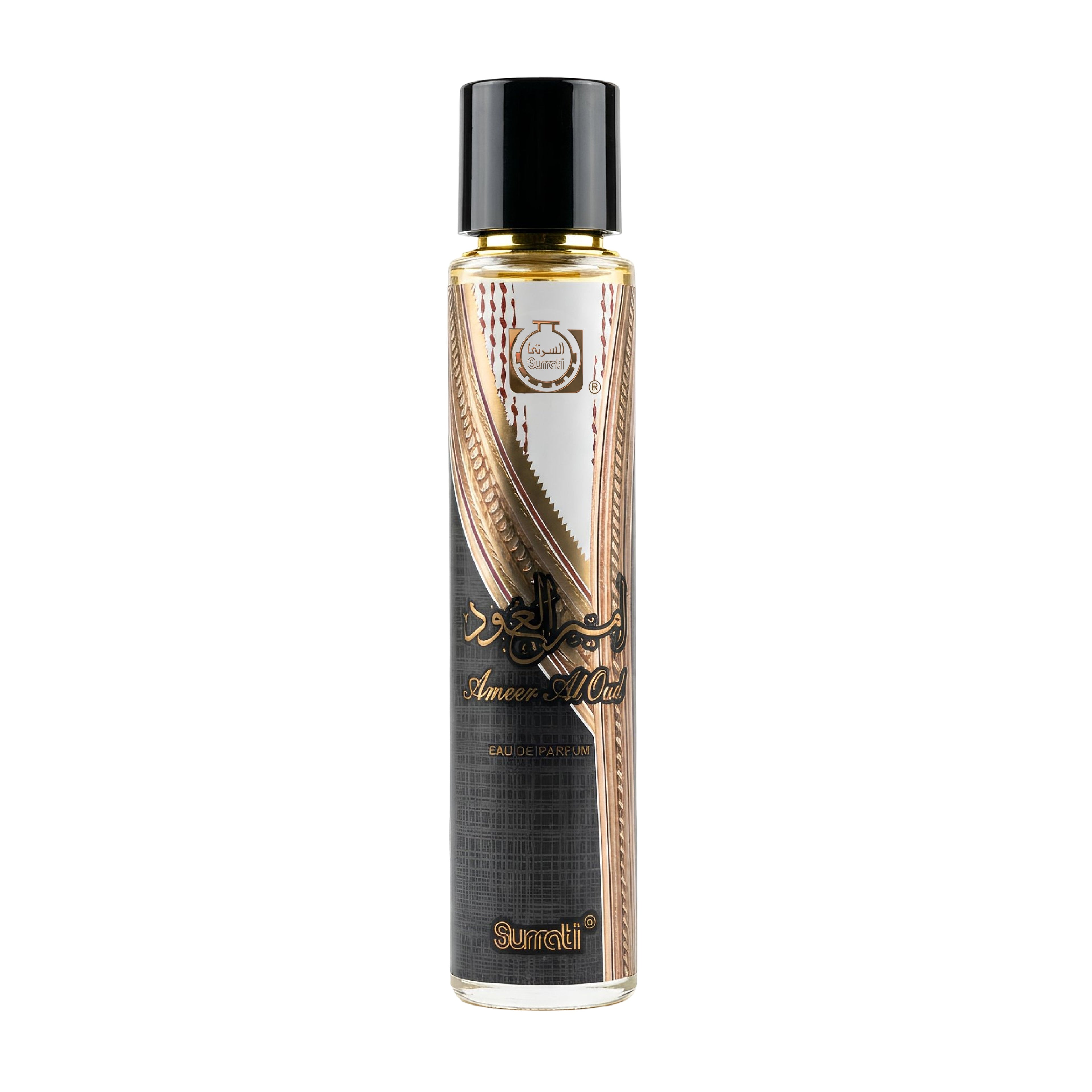 Perfume bottle with gold and black design on a white background