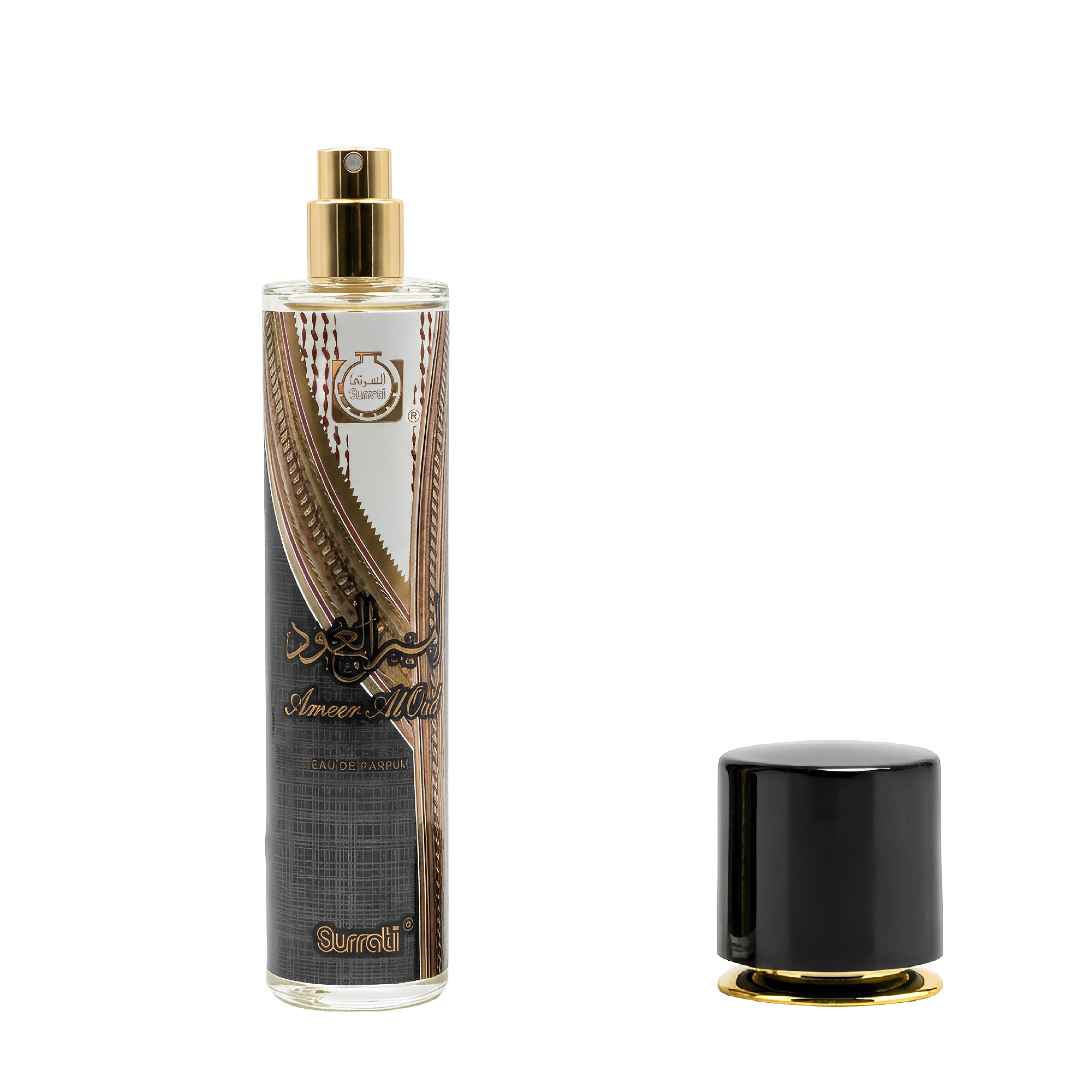 A tall cylindrical perfume bottle with a gold spray top and a black-and-gold patterned label, shown next to its detached black cap with a gold base on a white background.