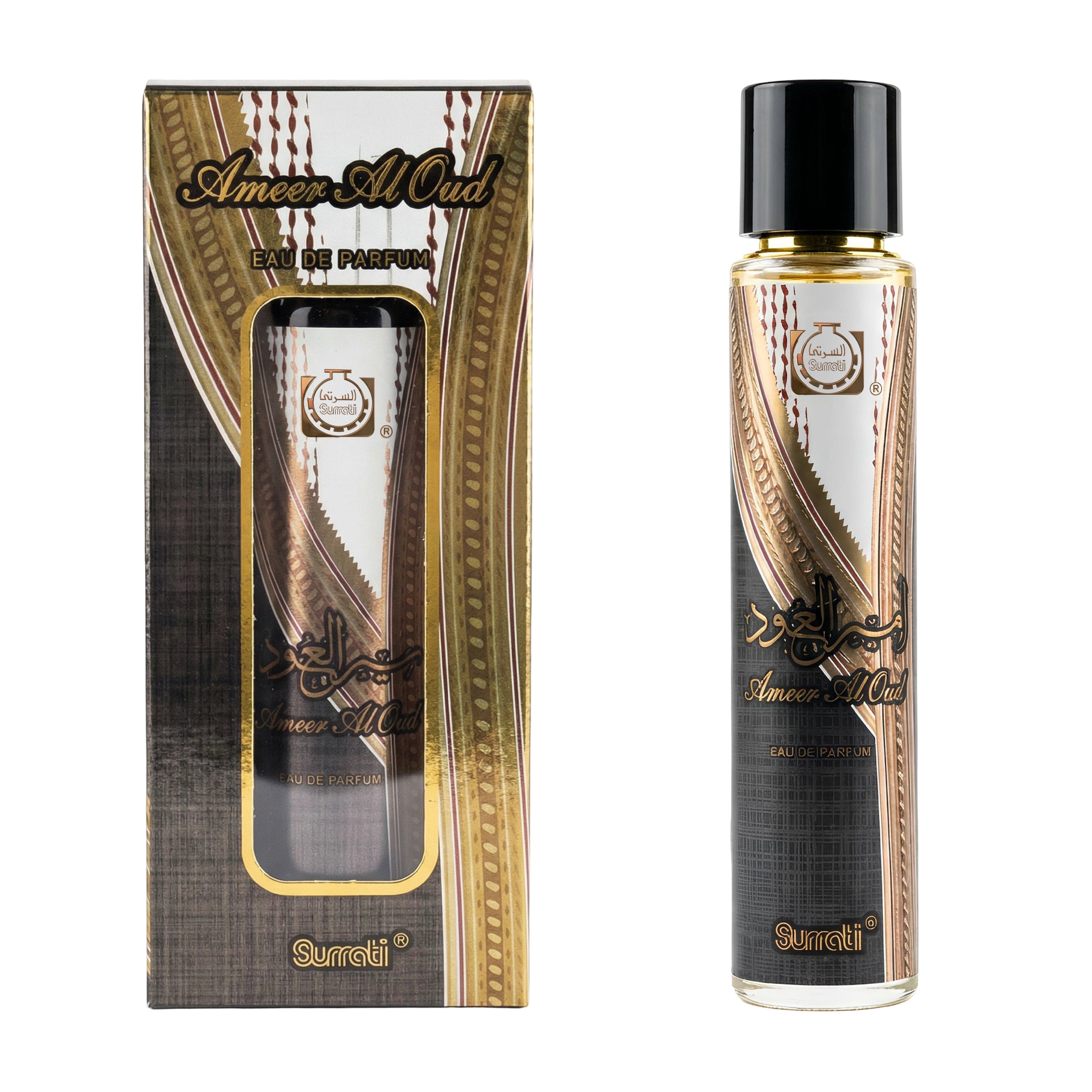 A bottle of Surati Ameer Moud Eau de Parfum next to its retail box, both featuring a black, gold, and white design with Arabic calligraphy.