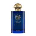 Blue perfume bottle with gold cap on a white background