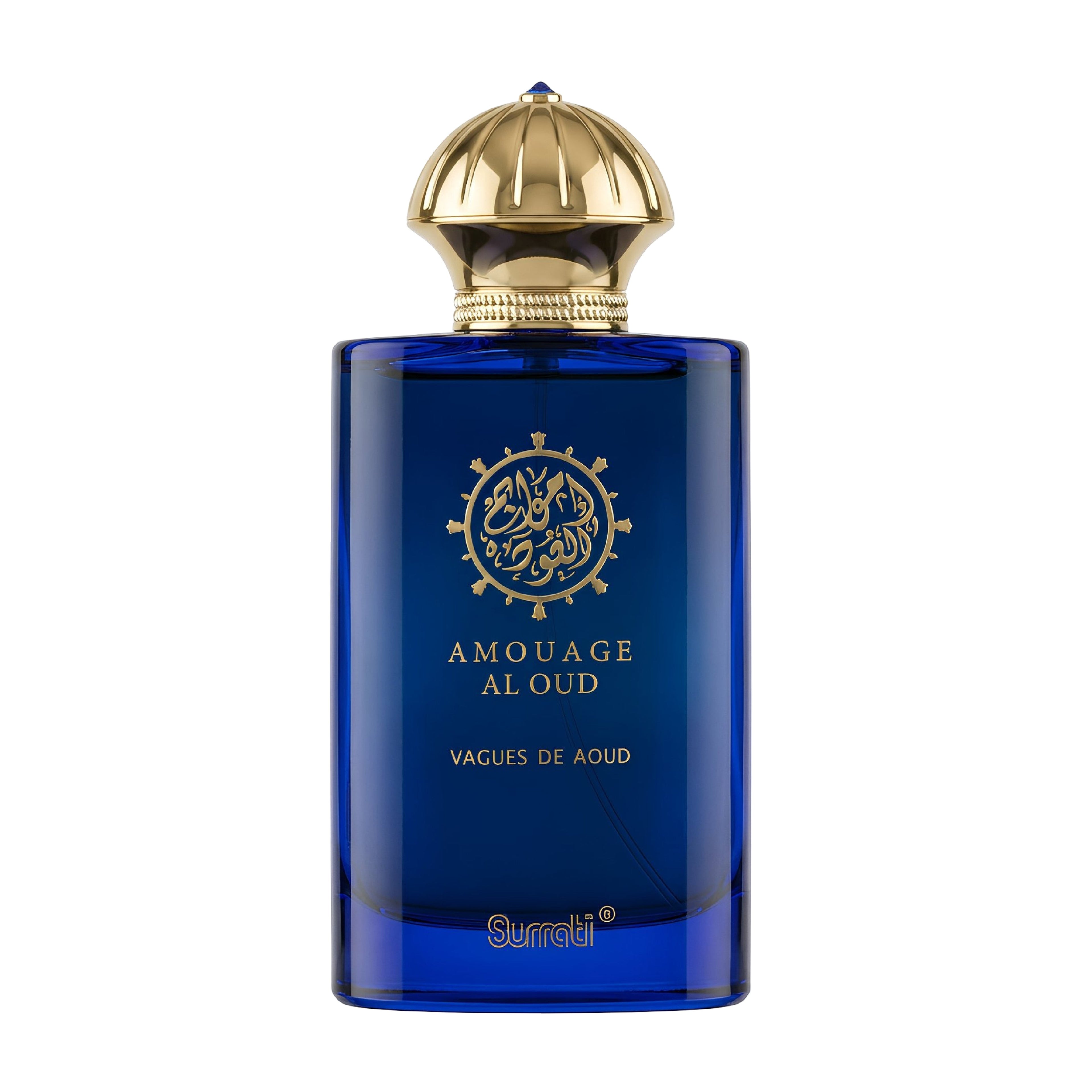 Blue perfume bottle with gold cap on a white background