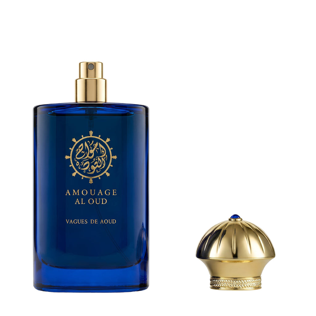 Blue Amouage Al Oud perfume bottle with gold cap on a white background
