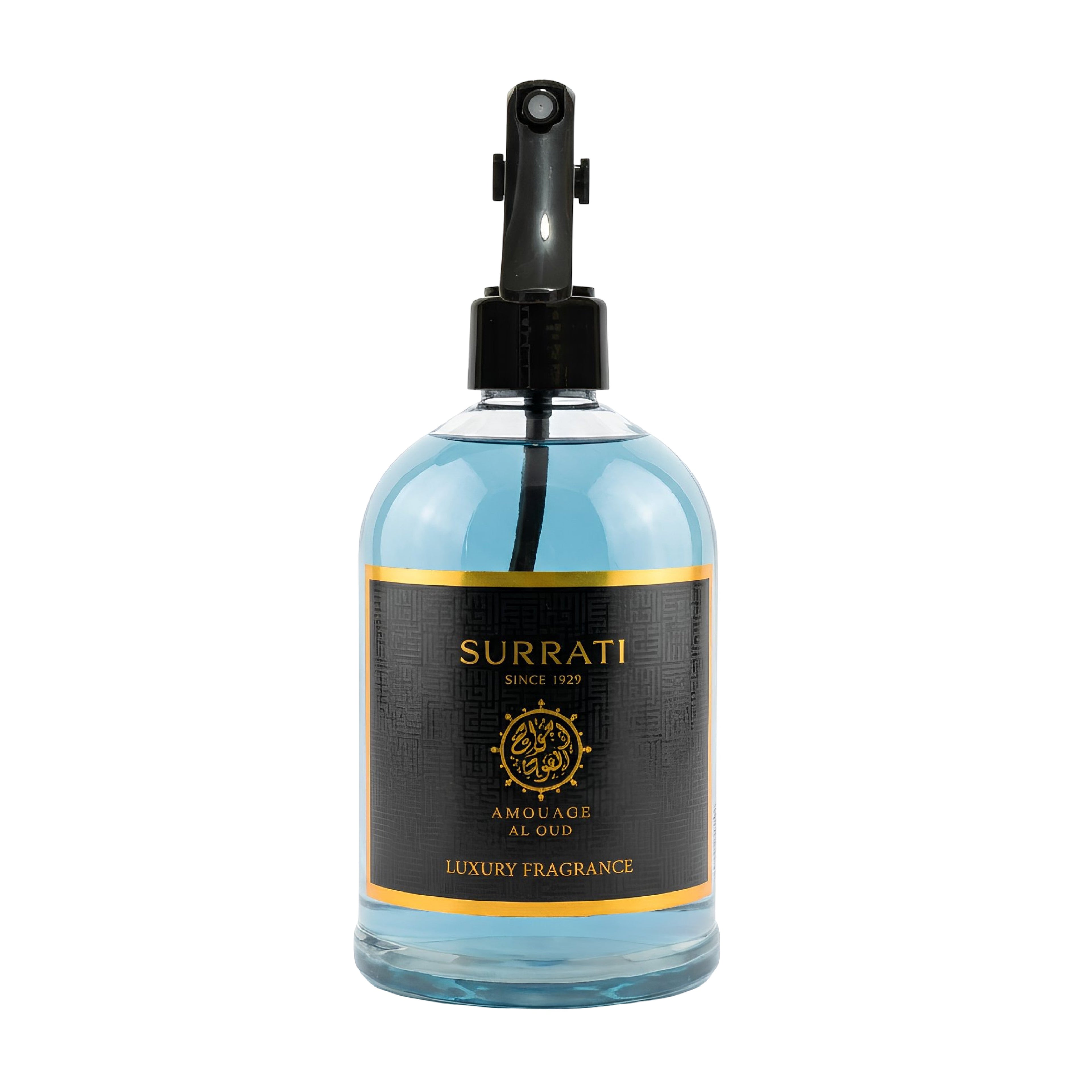 Surrati luxury fragrance bottle with black pump on a white background