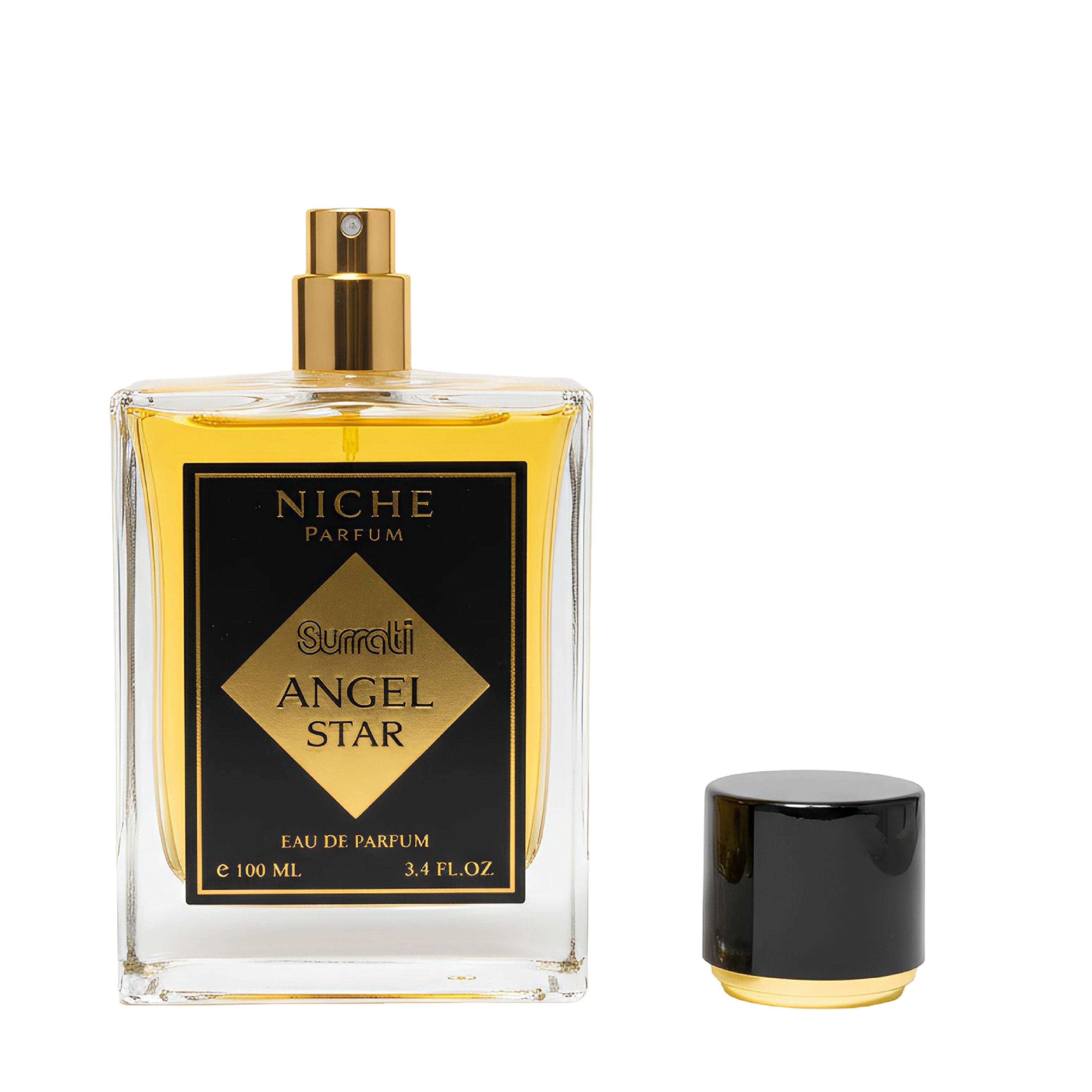 A 100 ml bottle of Niche Parfum 'Surreli Angel Star' Eau de Parfum with a gold spray nozzle and a detached black cap with a gold base, set against a plain white background.