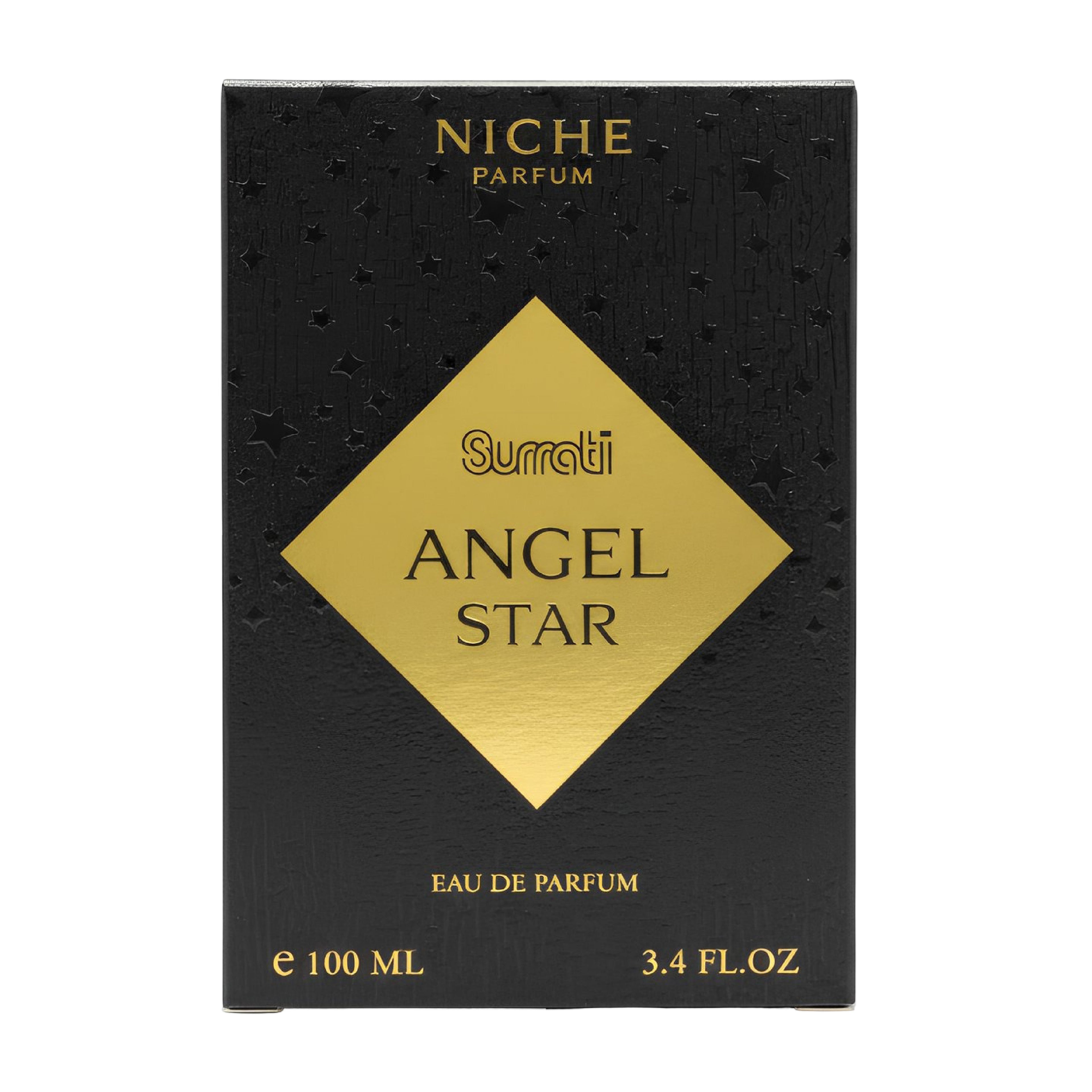 A 100 ml box of Niche Parfum Surati Angel Star, featuring a textured black background with a large metallic gold diamond in the center containing the product name.