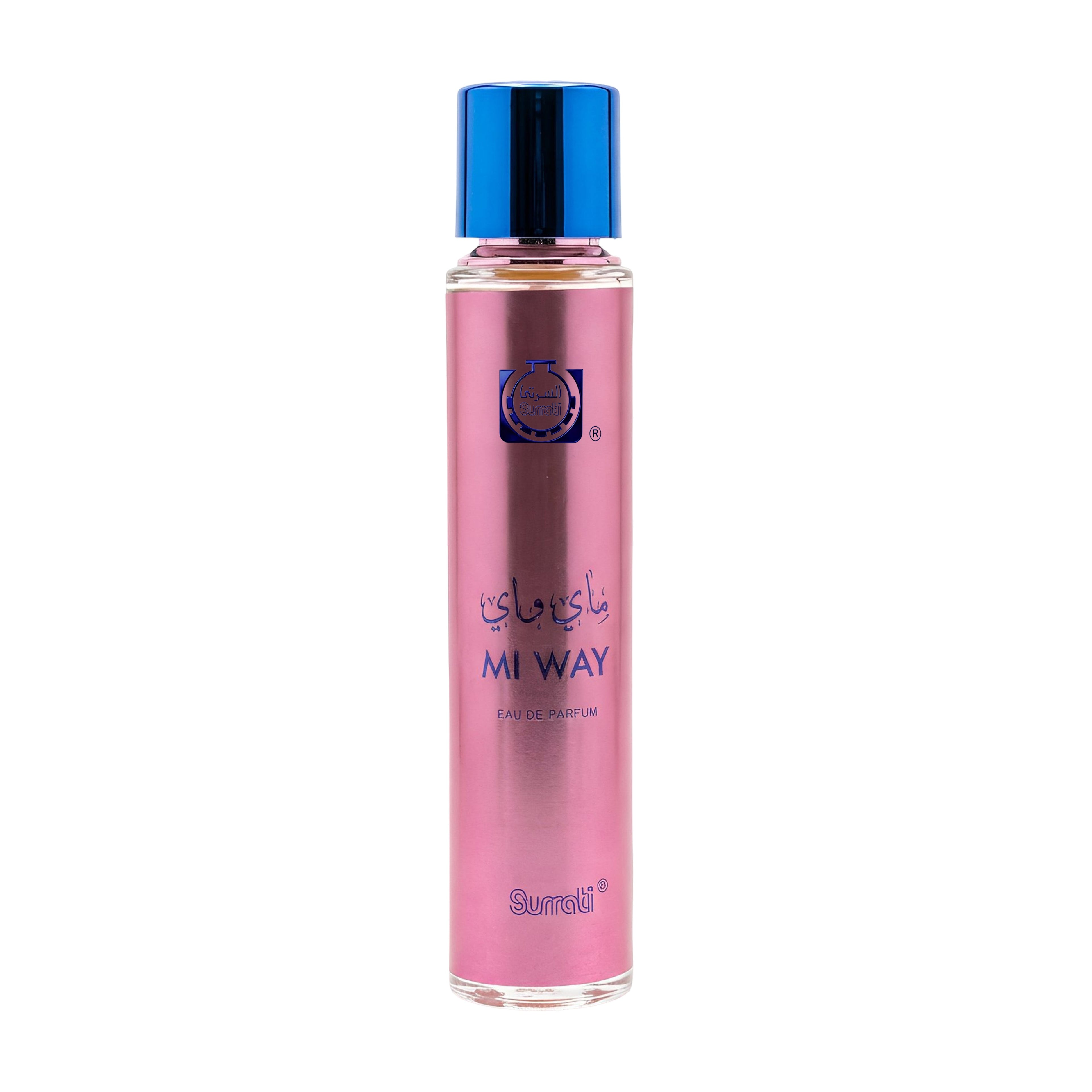 Pink perfume bottle with blue cap on a white background