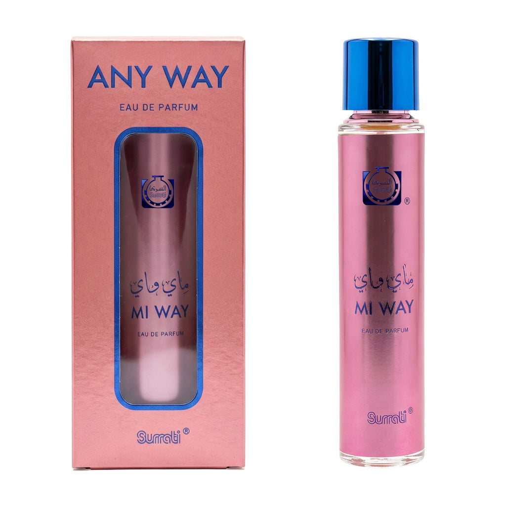 Surulti Any Way MI WAY Eau de Parfum shown with its pink box packaging and the pink glass spray bottle with a metallic blue cap, on a white background.
