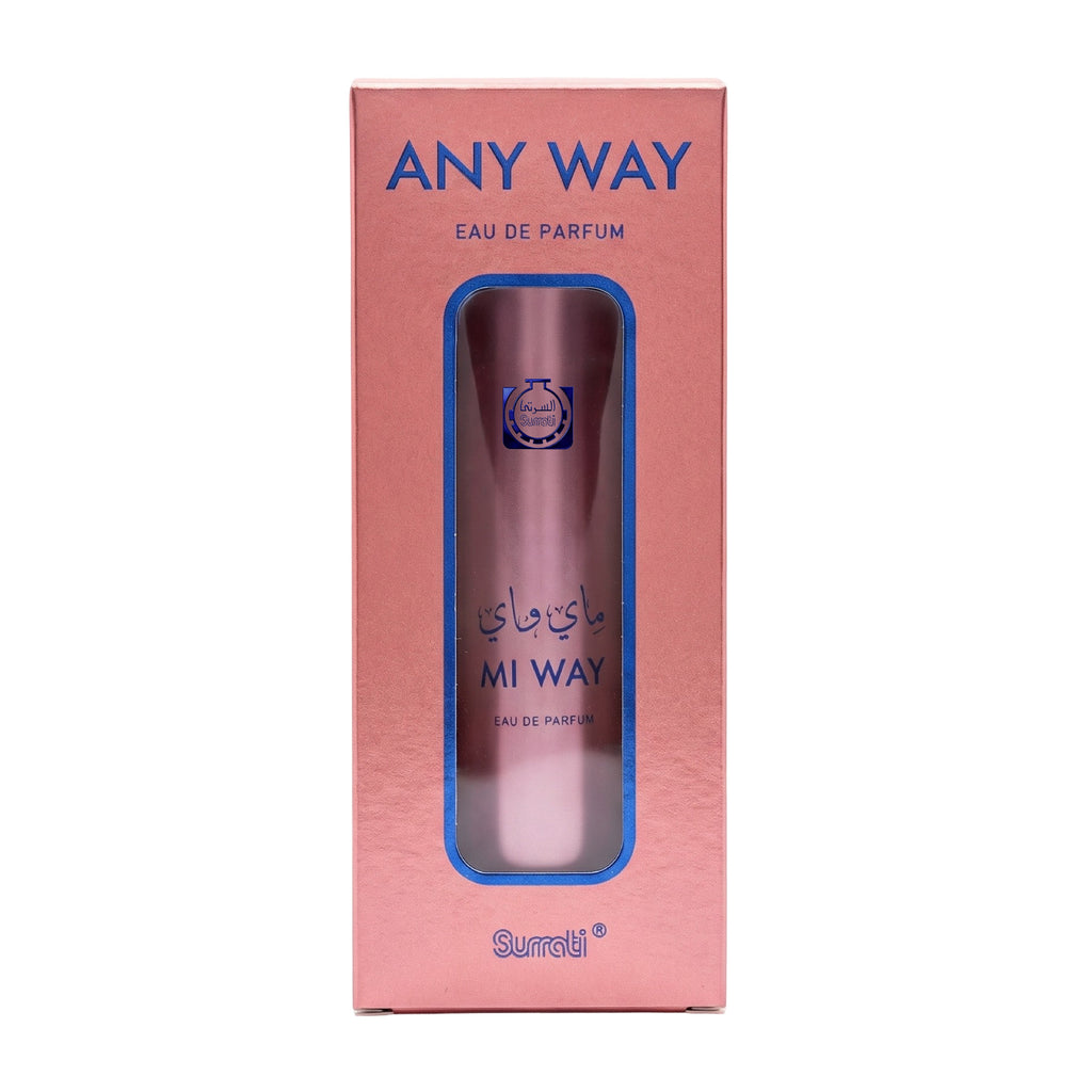 Pink packaging box for Surati Any Way MI WAY Eau De Parfum, featuring a window displaying the pink cylindrical bottle inside.