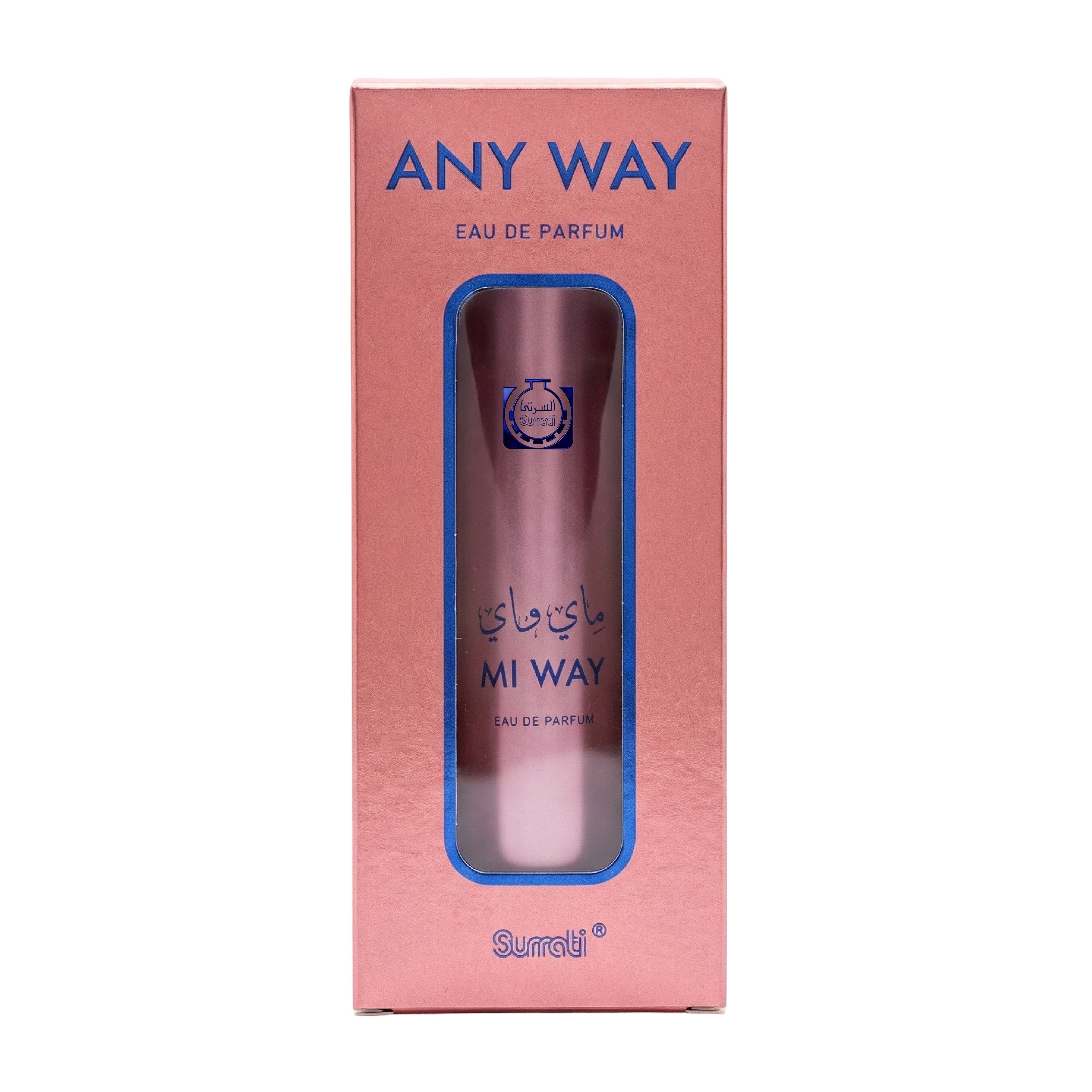 Pink packaging box for Surati Any Way MI WAY Eau De Parfum, featuring a window displaying the pink cylindrical bottle inside.