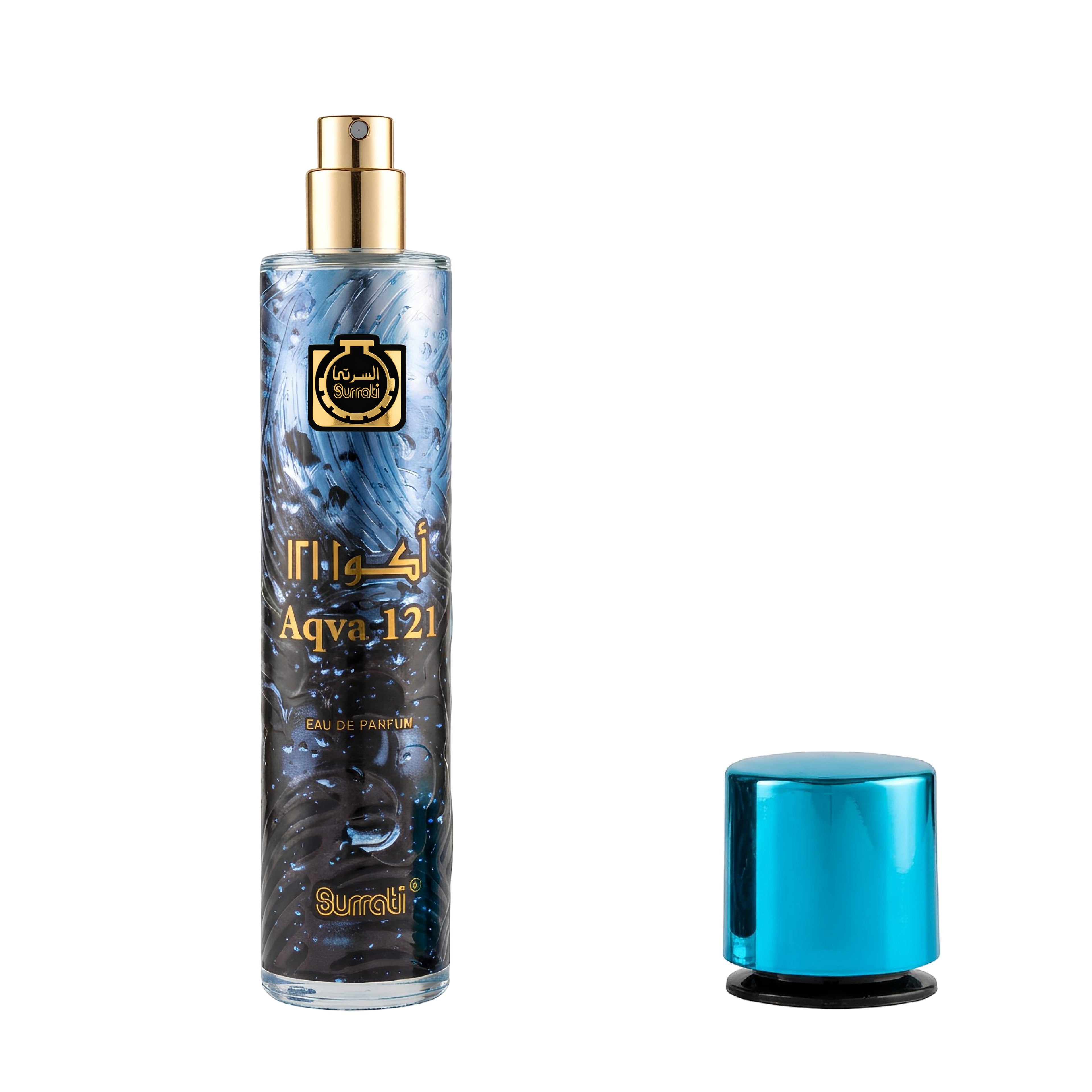 A clear cylindrical perfume bottle with a gold spray top and blue marbled label, shown next to a separate metallic blue cap on a plain white background. The label includes gold Arabic text and the brand name Surori.