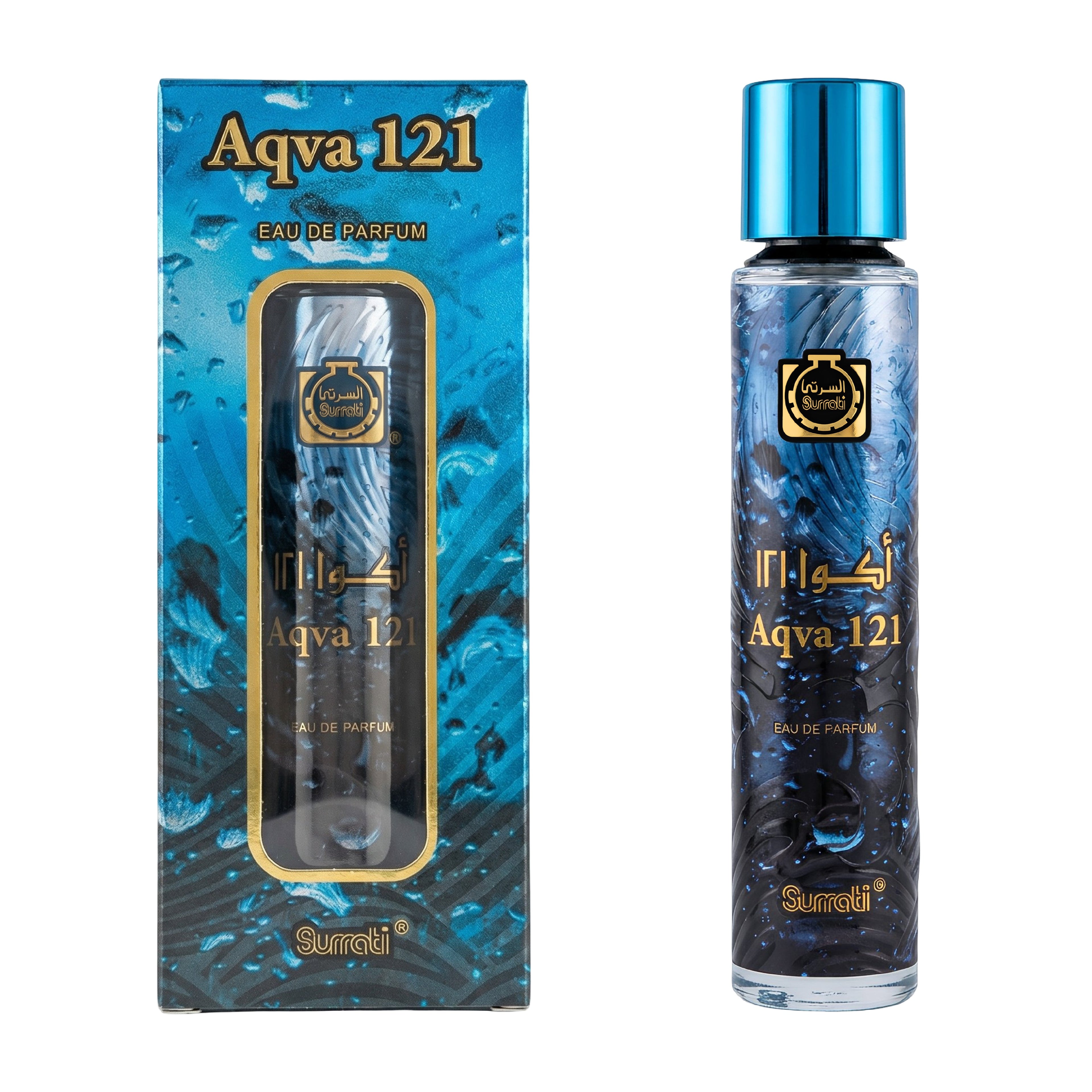 A bottle and matching box of Surali Aqva 121 Eau de Parfum, featuring a blue and black water-textured design with gold lettering and a metallic blue cap.