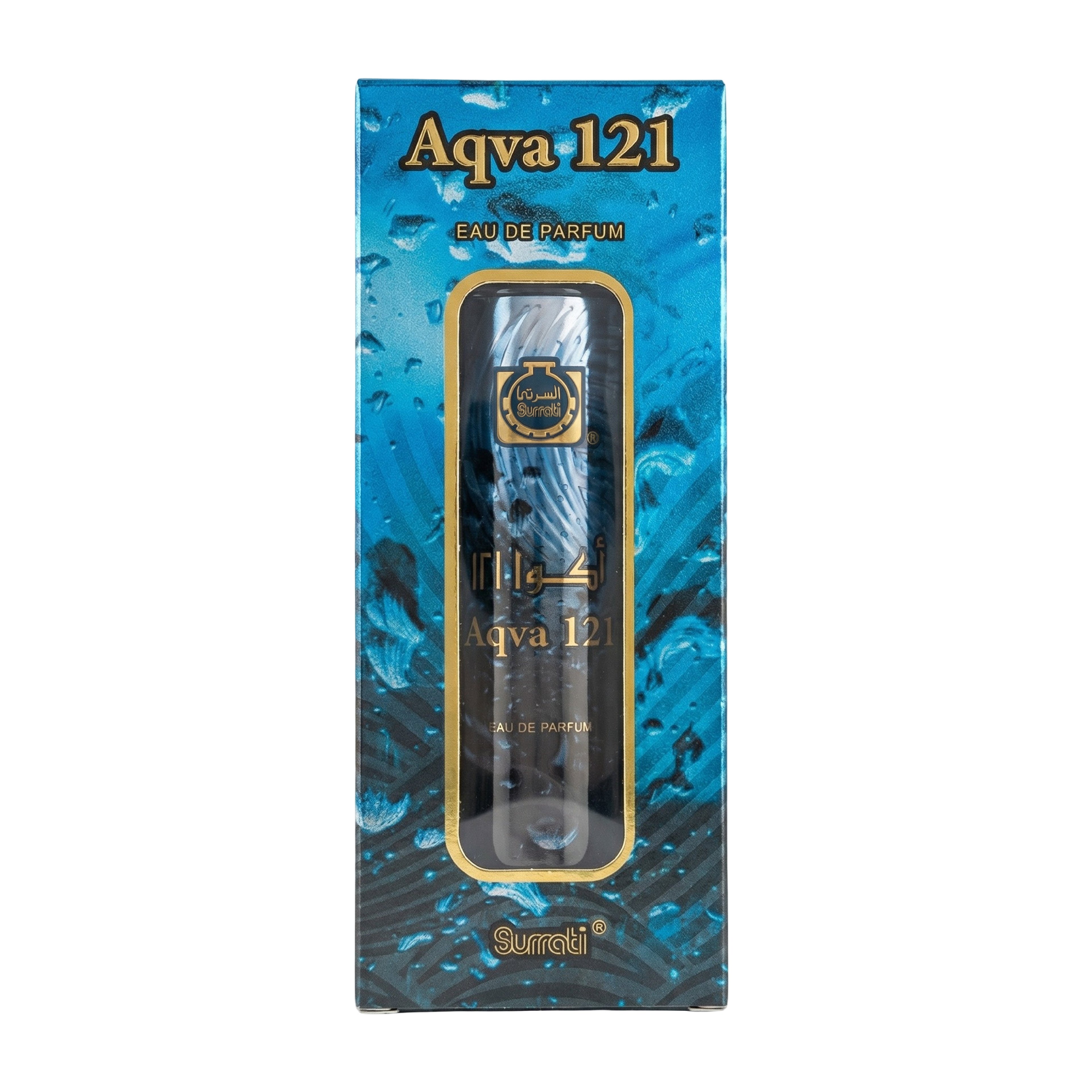 Aqva 121 Eau De Parfum by Surachi in its original blue packaging box, featuring a clear window displaying the cylindrical perfume bottle.