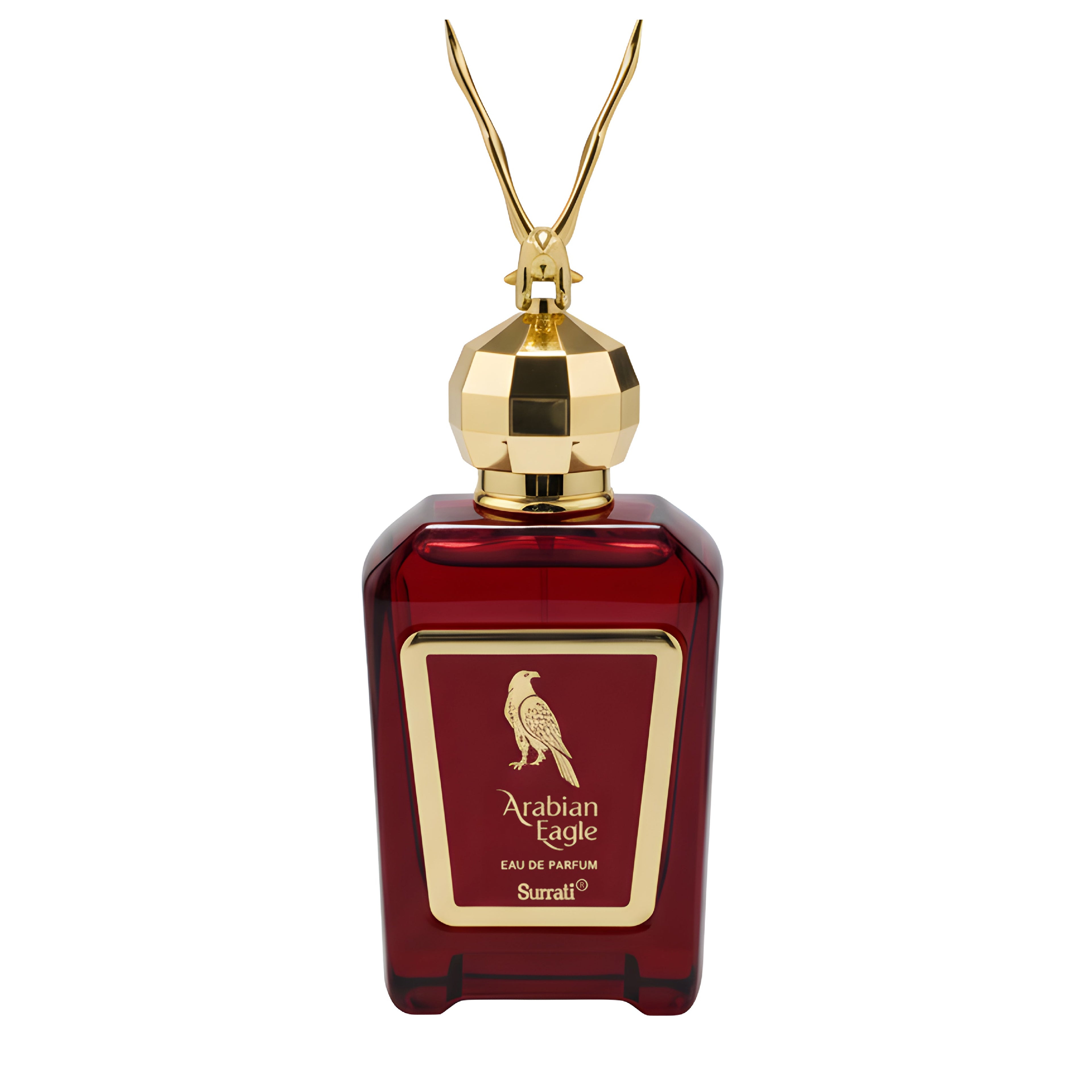 Red perfume bottle with gold cap and 'Arabian Eagle' branding on a white background