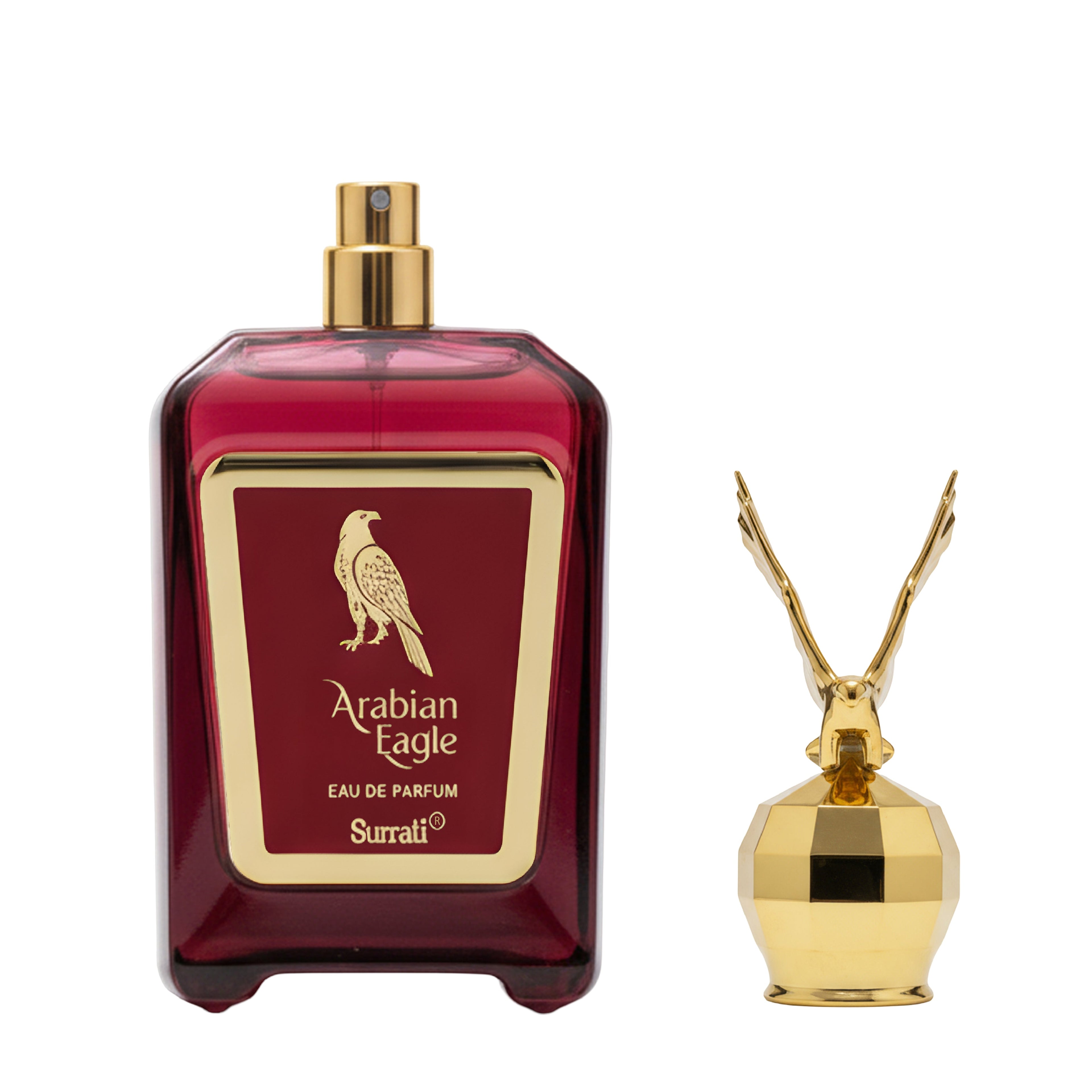 Red and gold Arabian Eagle perfume bottle on a white background