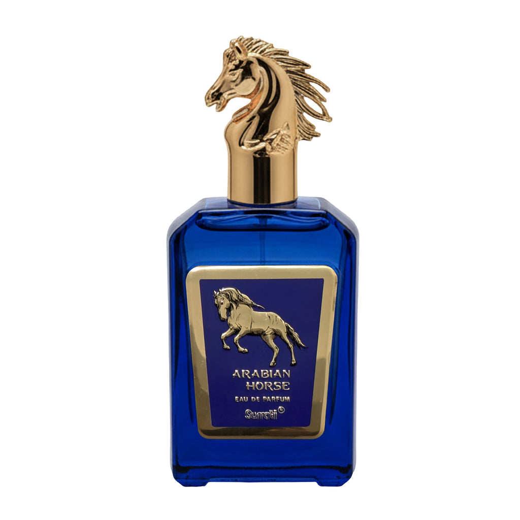 Blue perfume bottle with gold horse design on a white background