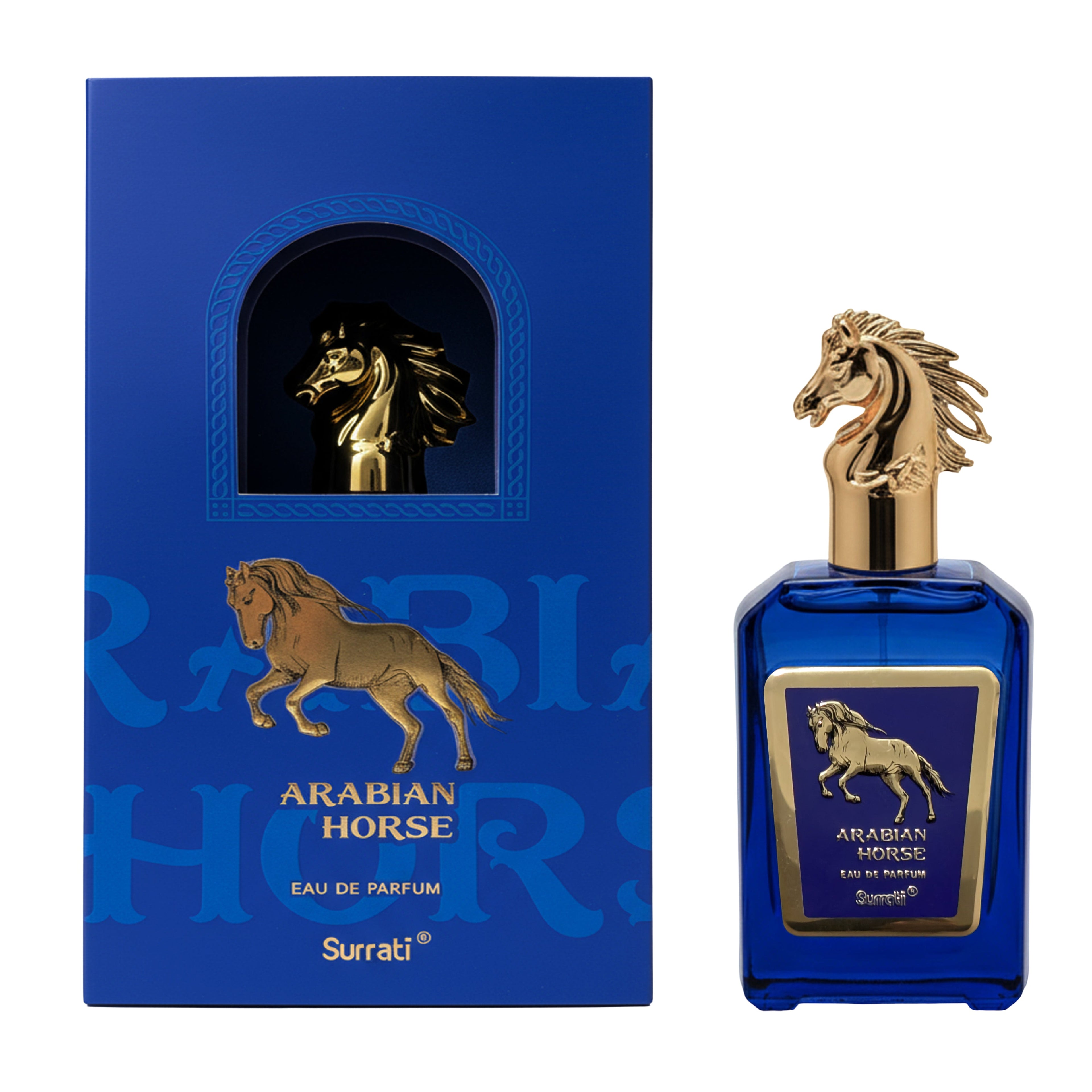 Blue Arabian Horse perfume bottle with gold horse design and packaging on a white background