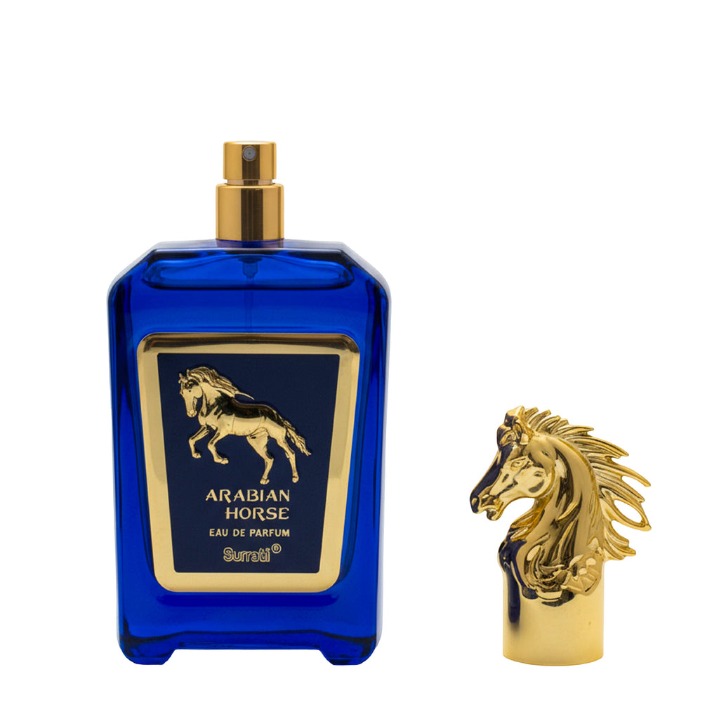 Blue perfume bottle with gold accents featuring a horse design on a white background