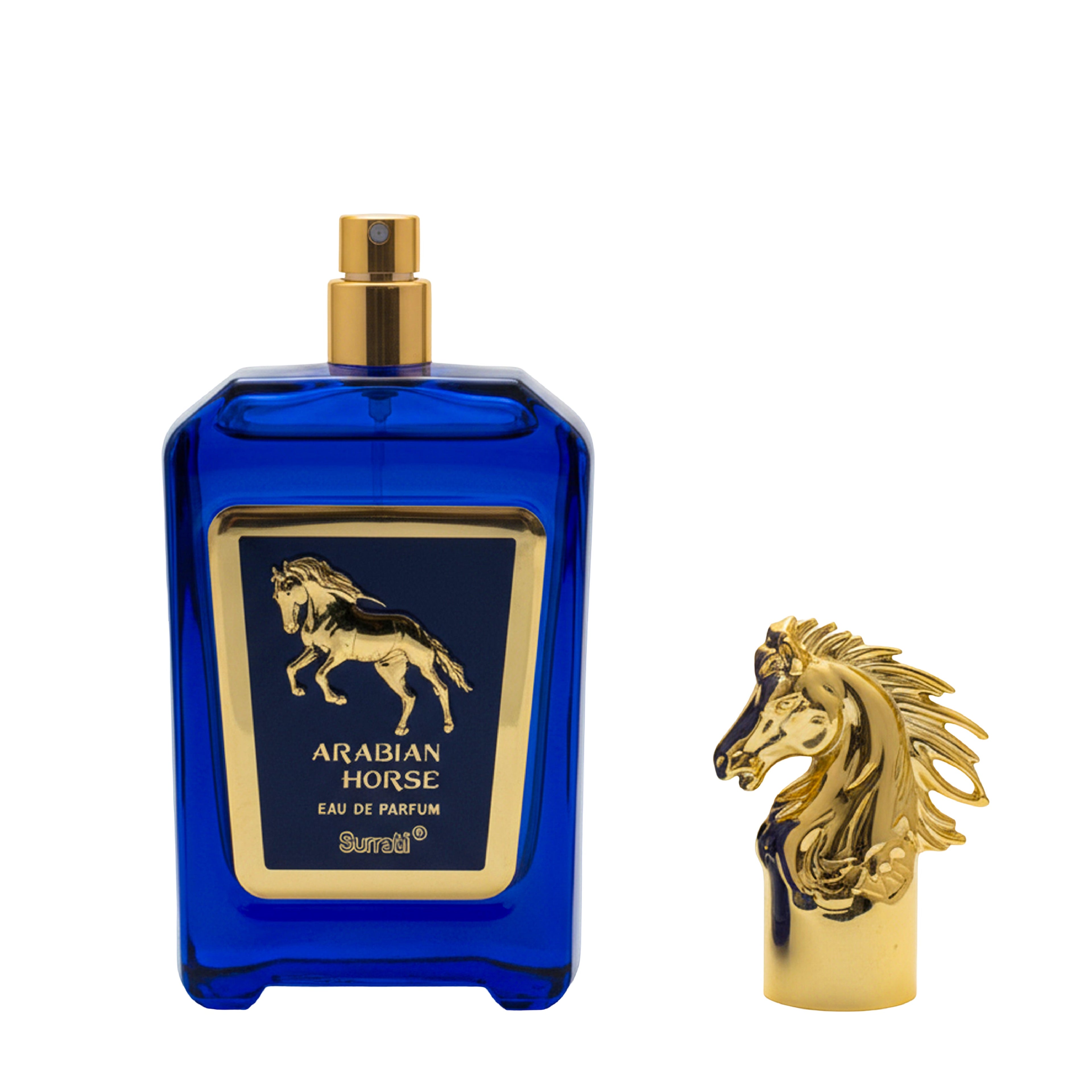 Blue perfume bottle with gold accents featuring a horse design on a white background