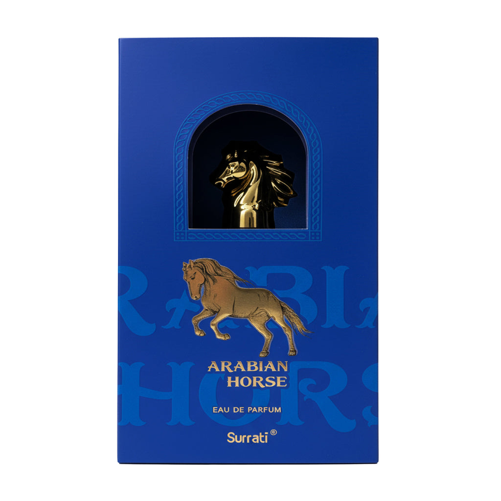 Blue packaging of Surrati Arabian Horse Eau de Parfum with a gold horse emblem.