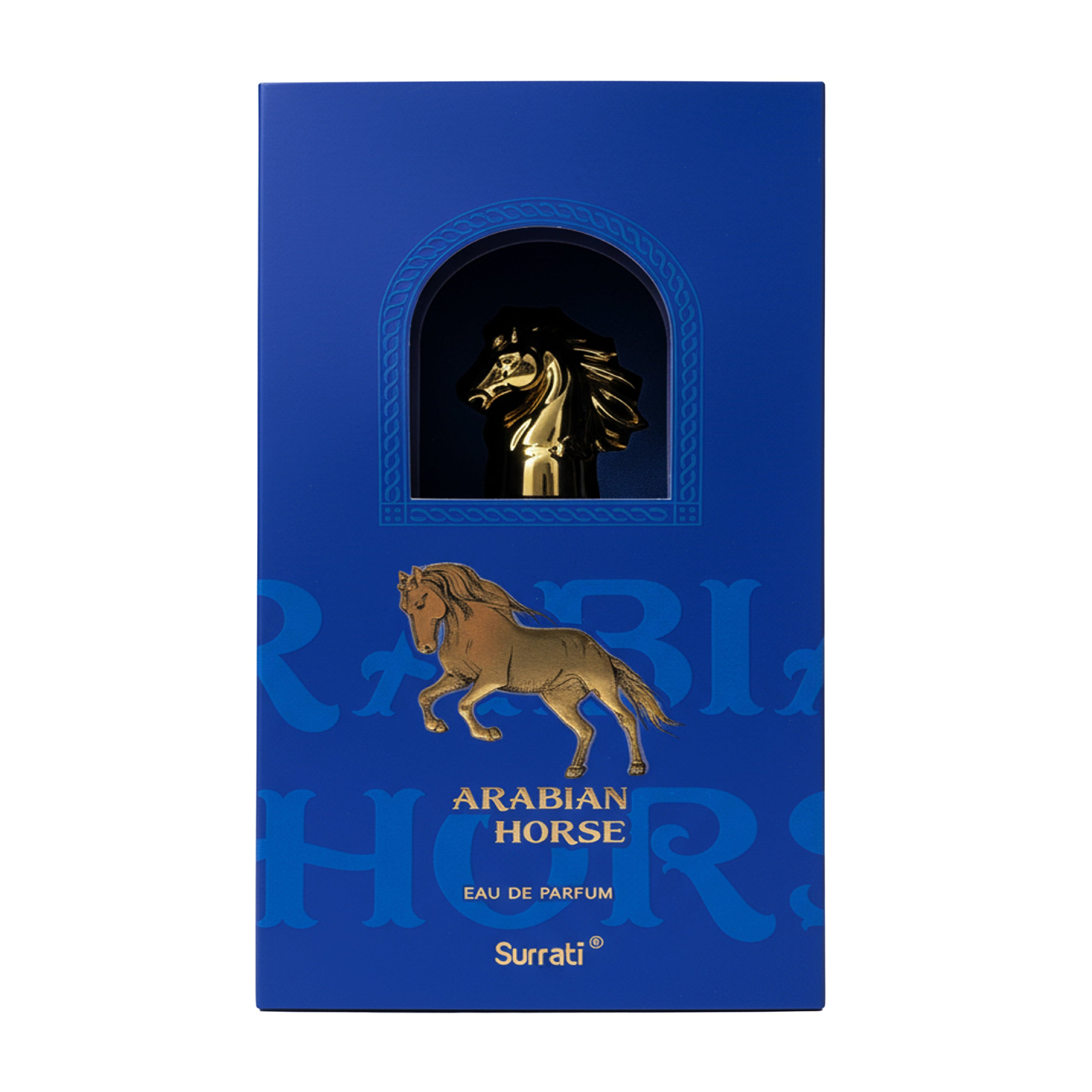 Blue packaging of Surrati Arabian Horse Eau de Parfum with a gold horse emblem.