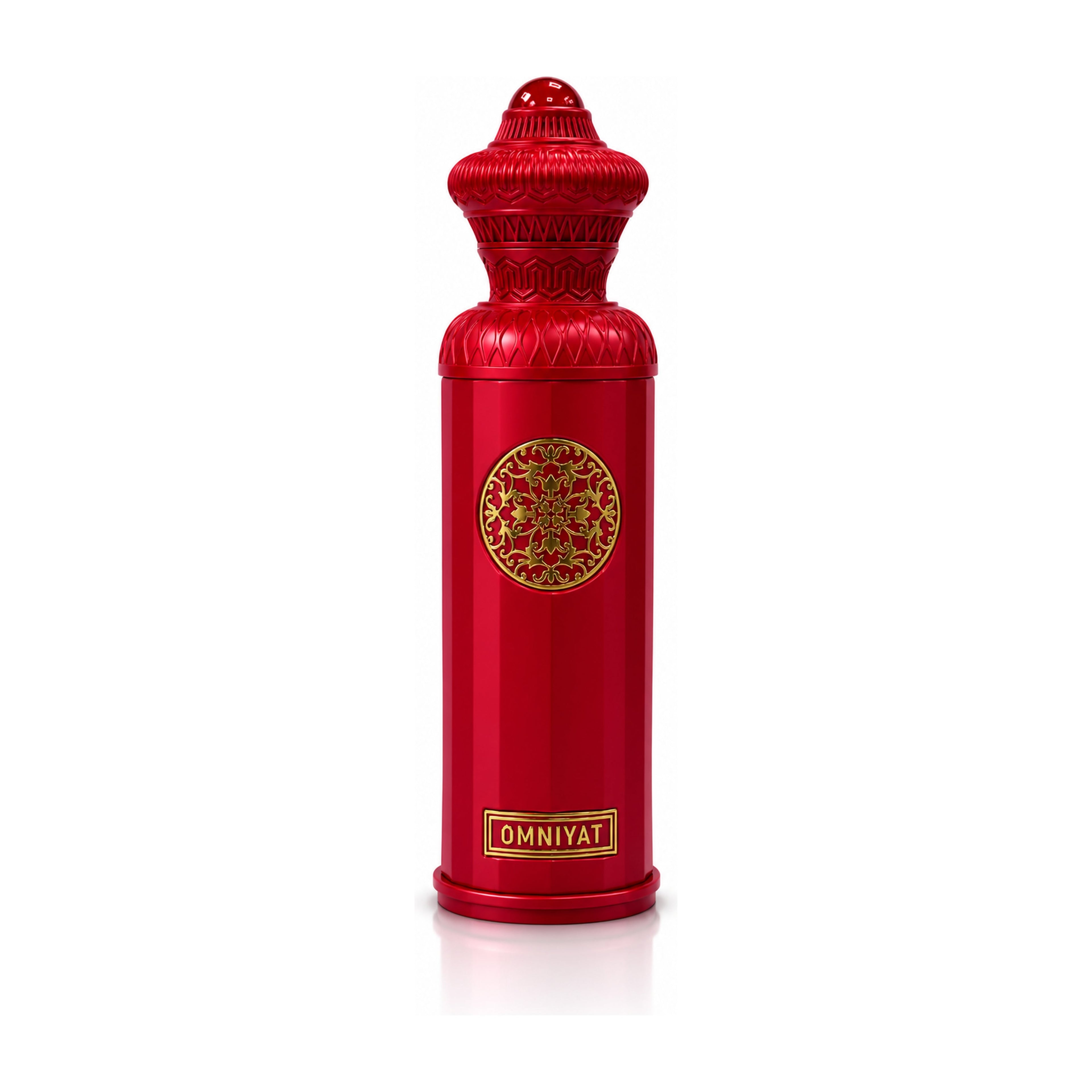 Red bottle with gold design and 'OMNIYAT' branding on a white background