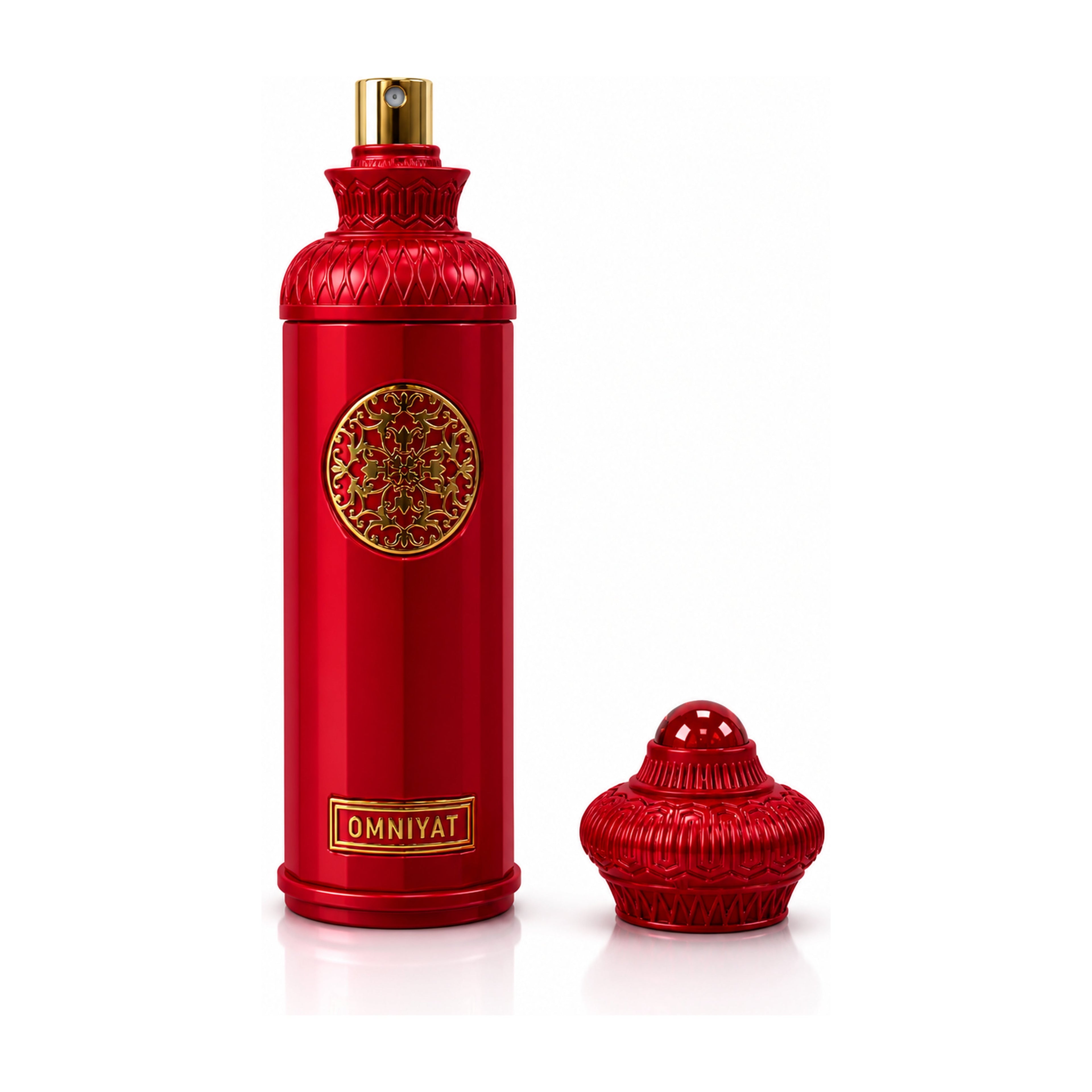 Red perfume bottle with intricate design and gold accents on a white background