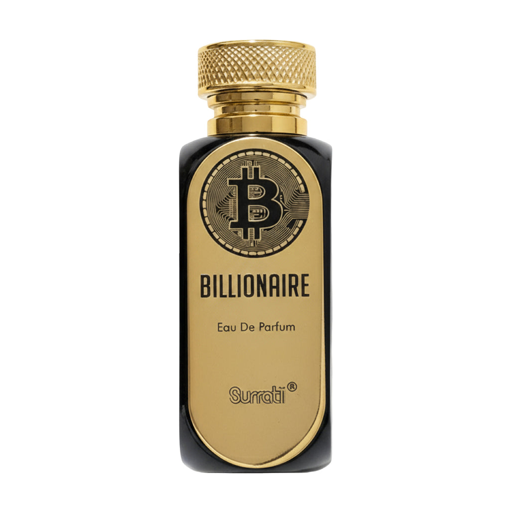 Perfume bottle labeled 'Billionaire' with a gold cap and Bitcoin symbol on a white background