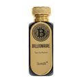 Perfume bottle labeled 'Billionaire' with a gold cap and Bitcoin symbol on a white background