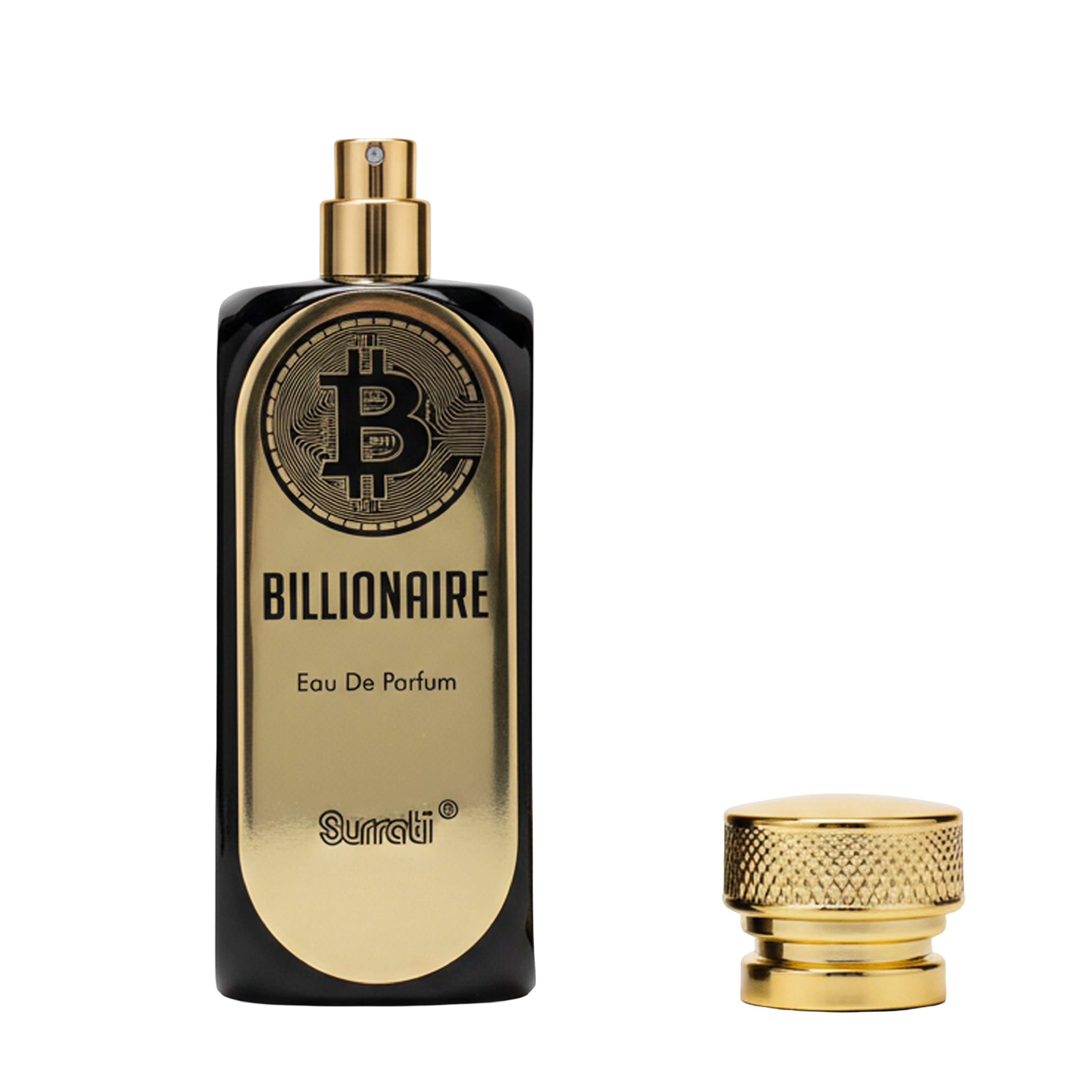 A black and gold bottle of Surrafi Billionaire Eau De Parfum with a matching gold cap placed next to it on a solid white background.
