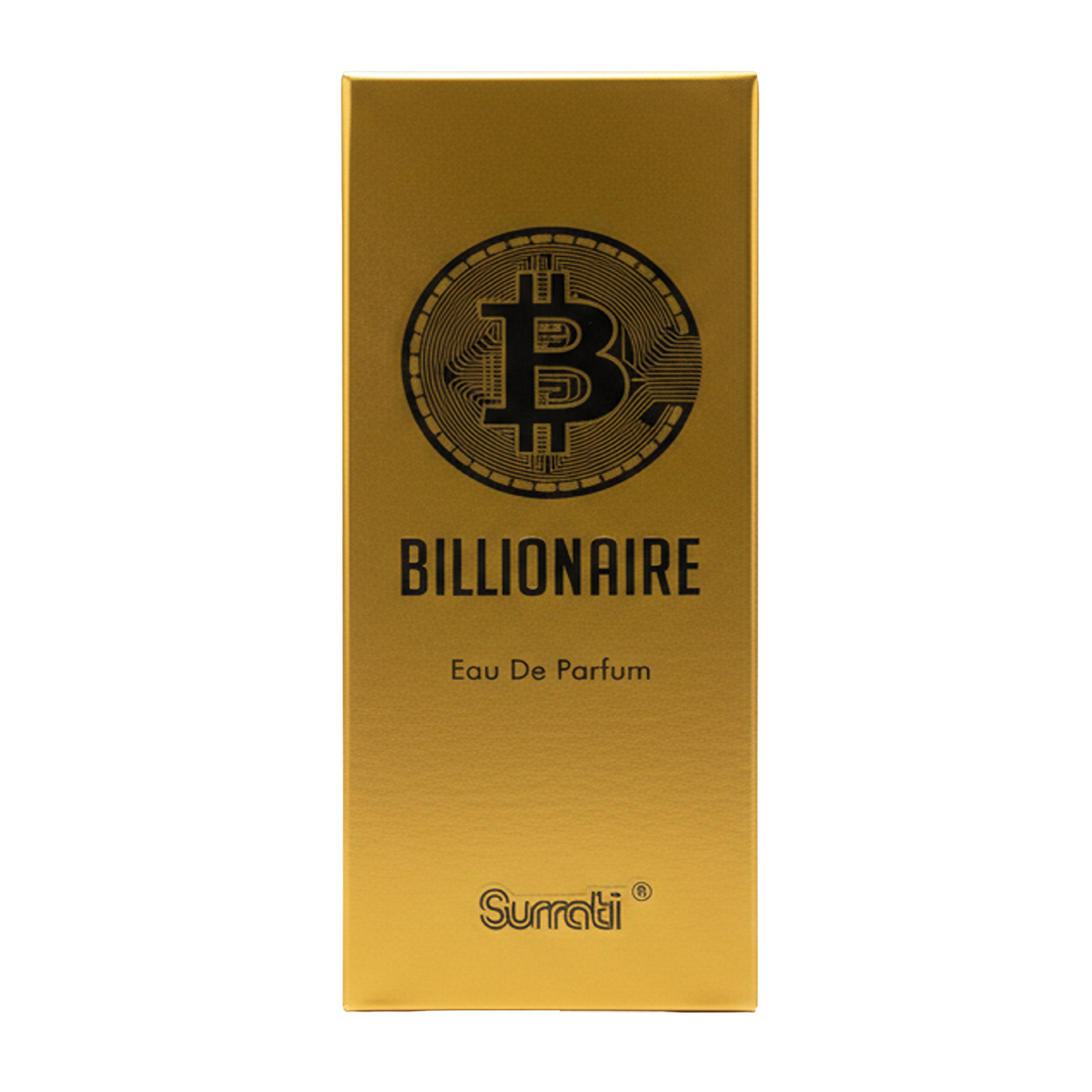 A tall rectangular gold box for Surreti Billionaire Eau De Parfum, featuring a black Bitcoin symbol logo and text on a plain white background.