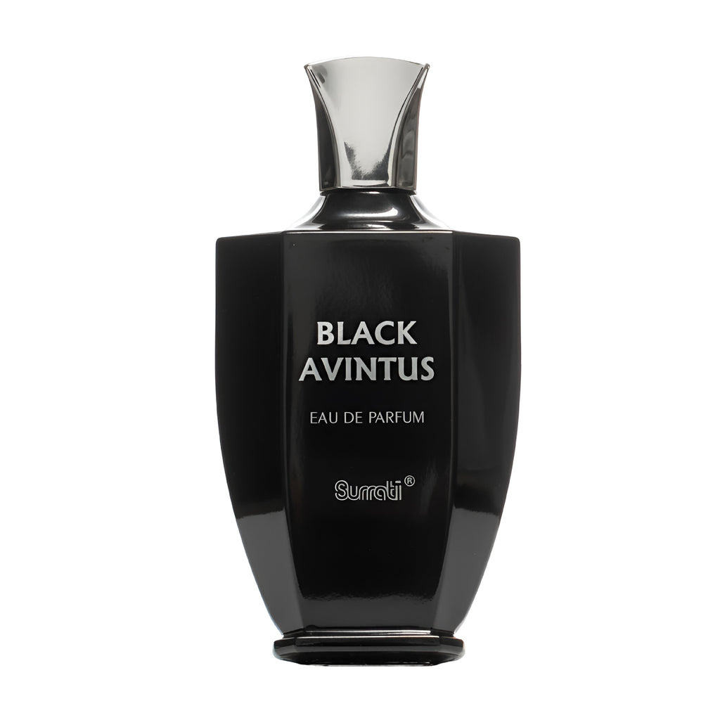 Black Avintus eau de parfum bottle on a white background