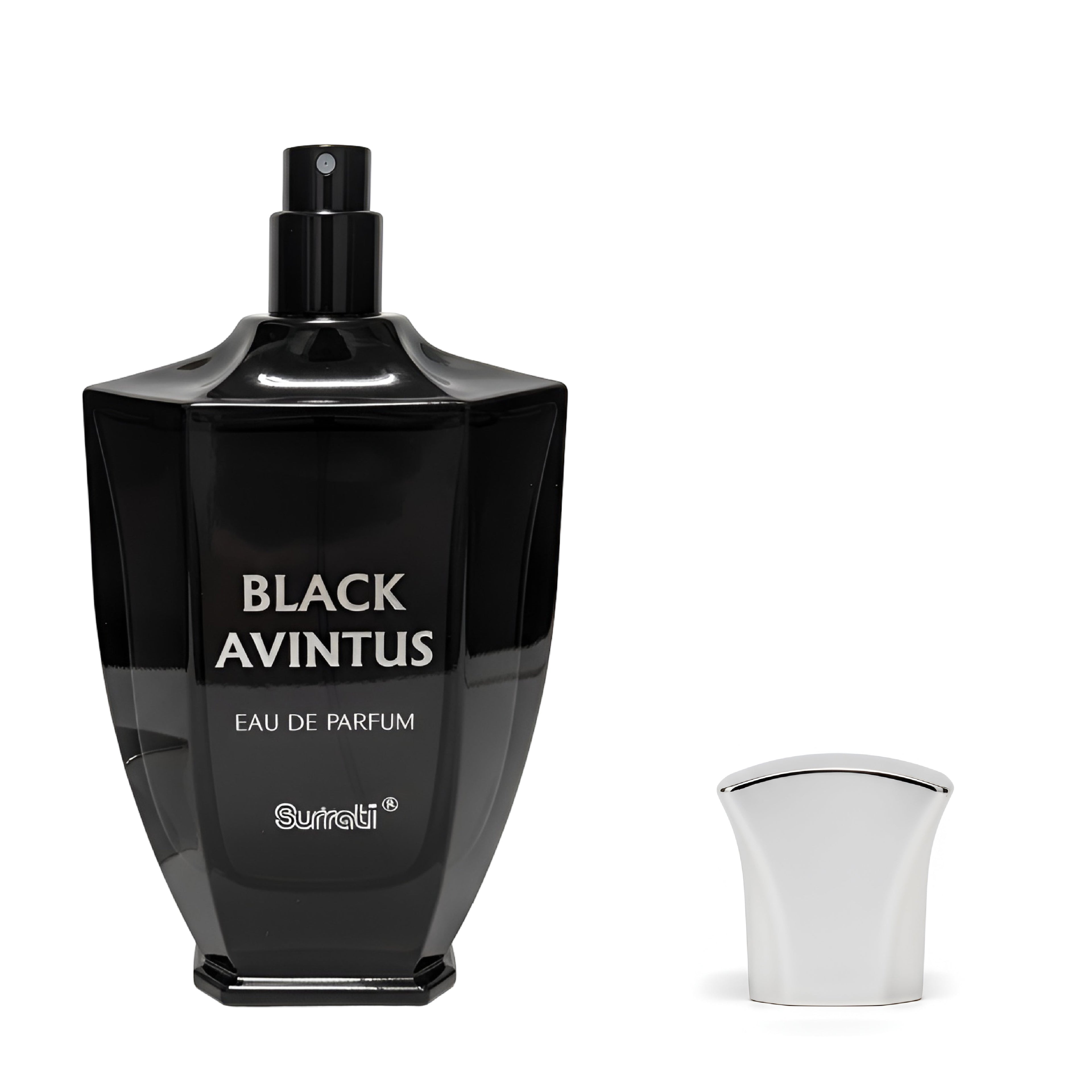 A black faceted glass perfume bottle labeled 'BLACK AVINTUS EAU DE PARFUM' with the brand 'Sutradi' visible, shown next to a detached white cap on a plain white background.