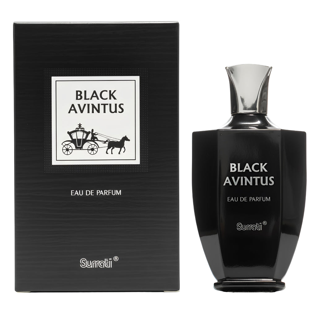 Black Avontus Eau de Parfum bottle and its black textured packaging box by Surreti, featuring a silver carriage logo.